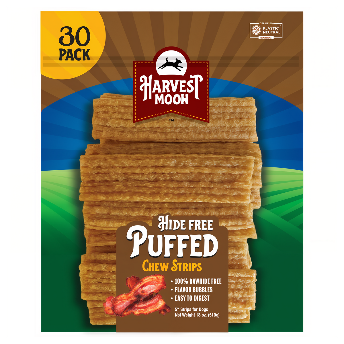 Harvest Moon Hide Free Puffed Bacon Chew Strips 30 Pack bag front with treats