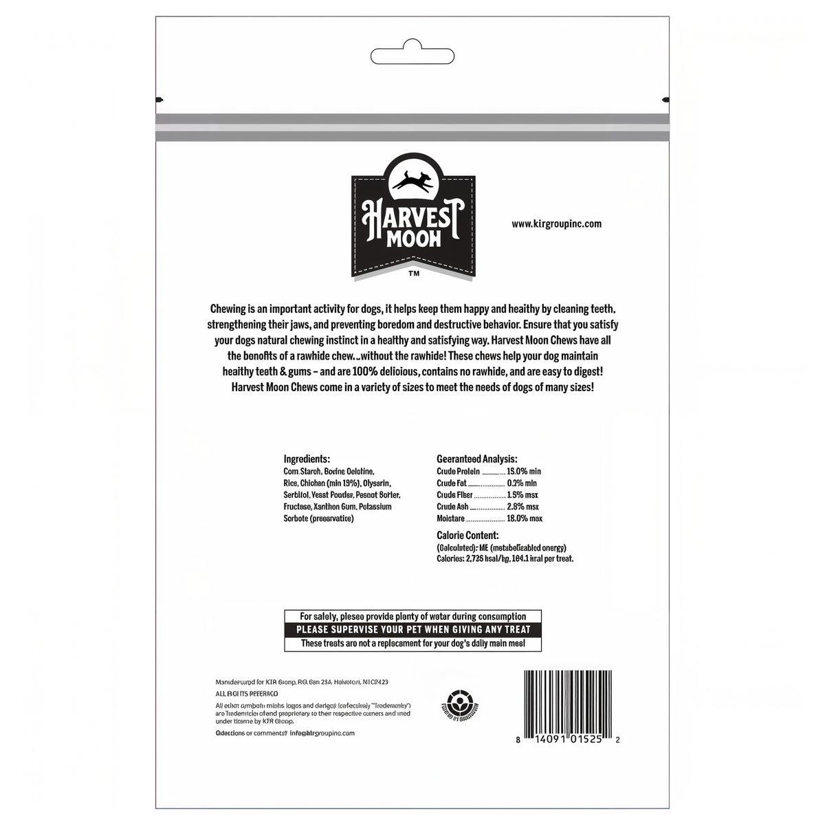 Harvest Moon Hide Free Puffed Peanut Butter Braided Rings 2 Pack back label with ingredients and guaranteed analysis