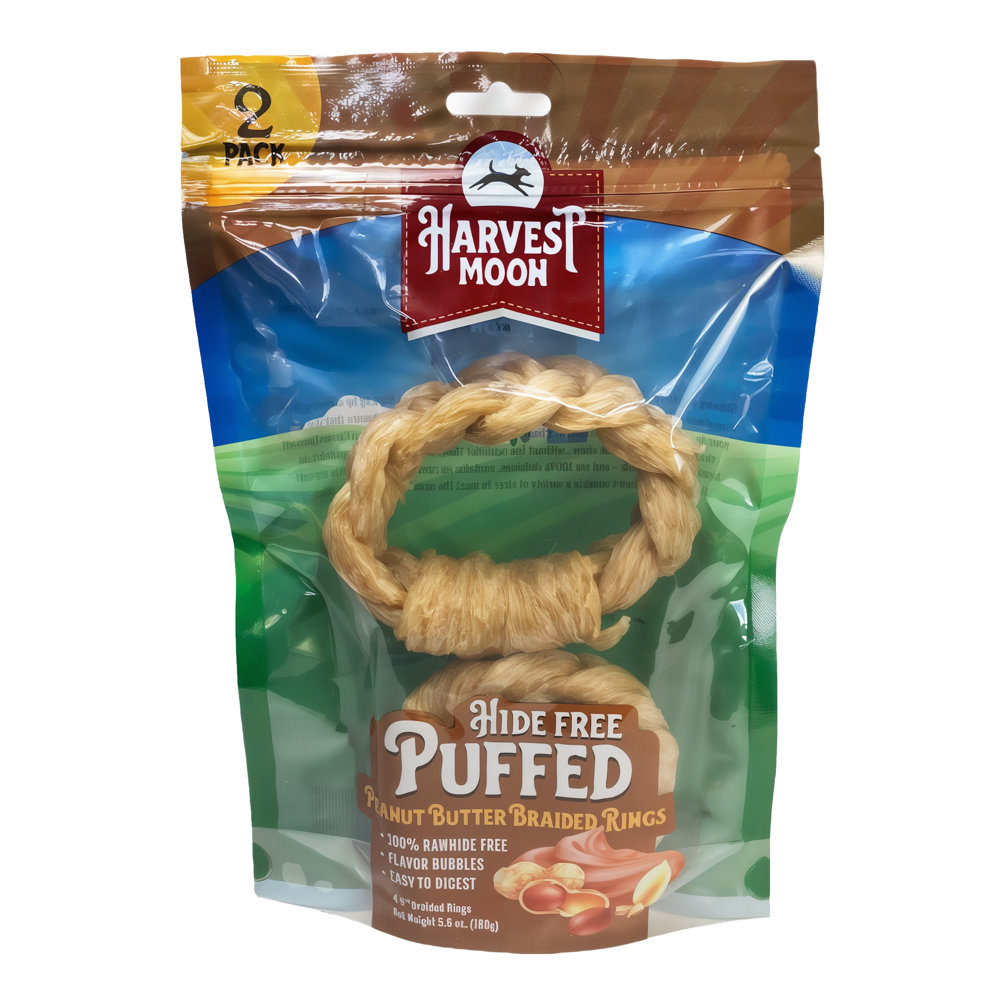Harvest Moon Hide Free Puffed Peanut Butter Braided Rings 2 Pack bag front