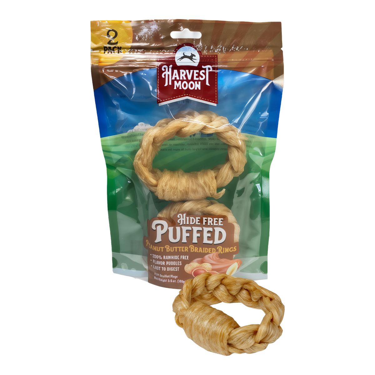 Harvest Moon Hide Free Puffed Peanut Butter Braided Rings 2 Pack bag front with treats