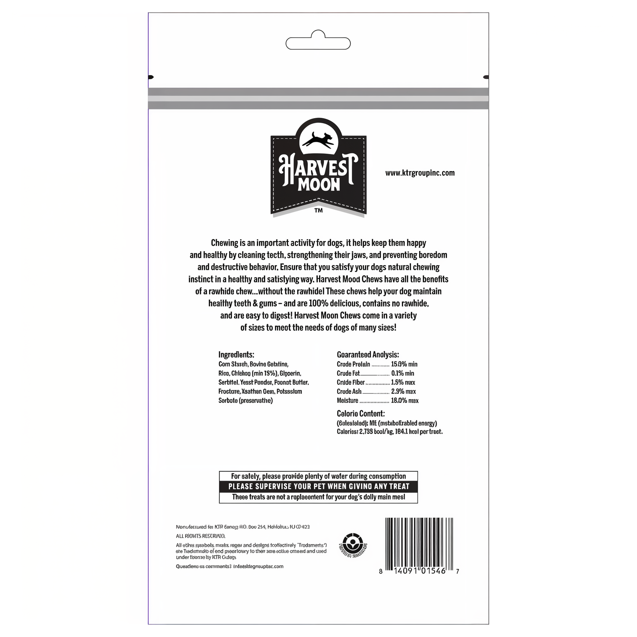 Harvest Moon Hide Free Puffed Peanut Butter Braided Twists 3 Pack back label with ingredients and guaranteed analysis