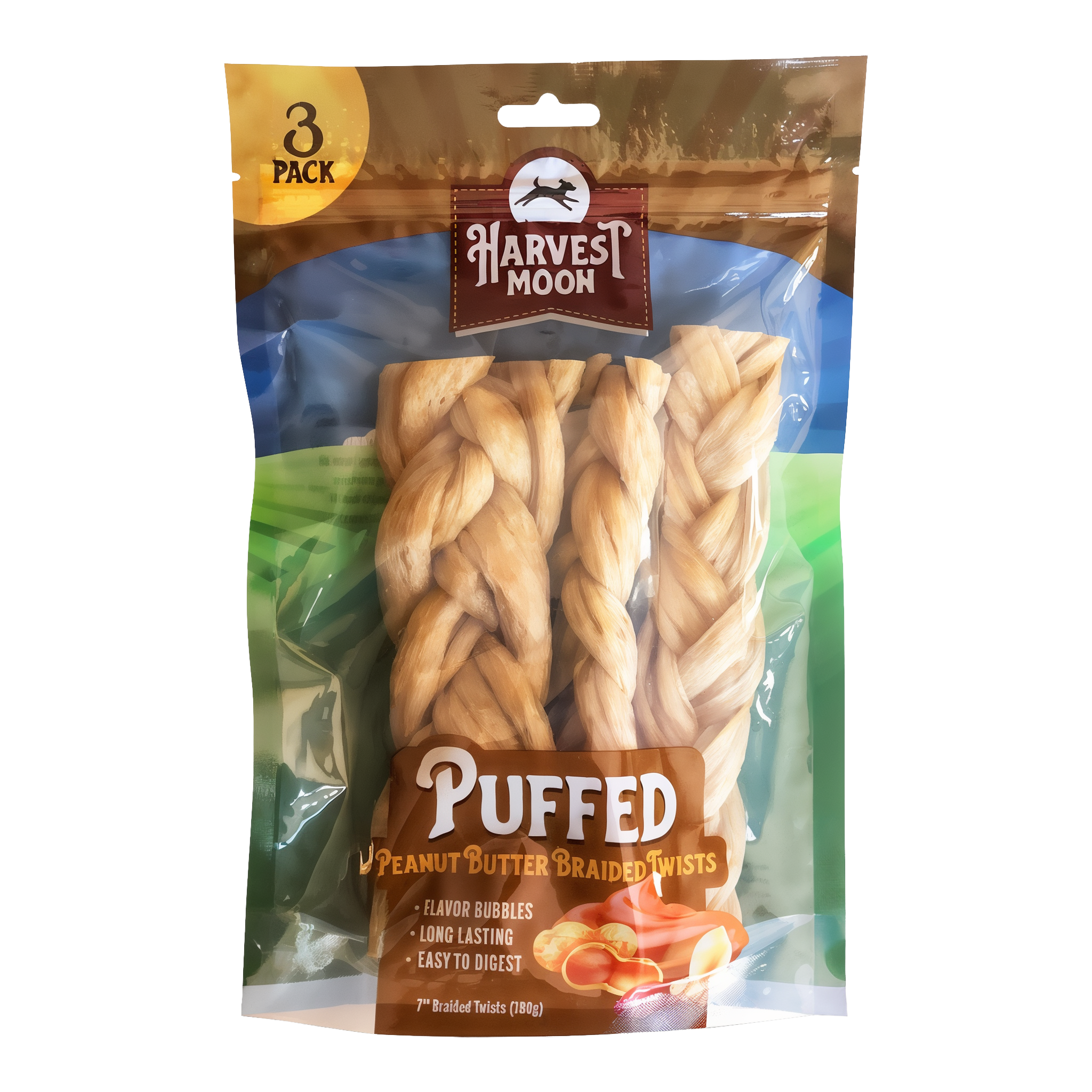 Harvest Moon Hide Free Puffed Peanut Butter Braided Twists 3 Pack bag front