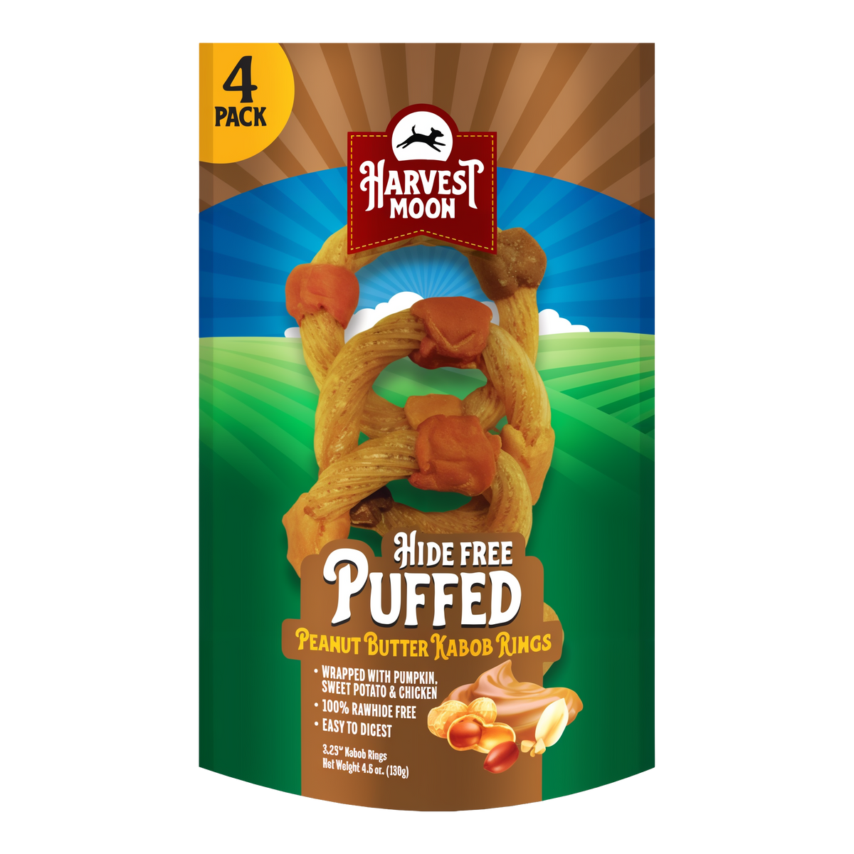 Harvest Moon Hide Free Puffed Peanut Butter Kabob Rings 4 Pack bag front with treats