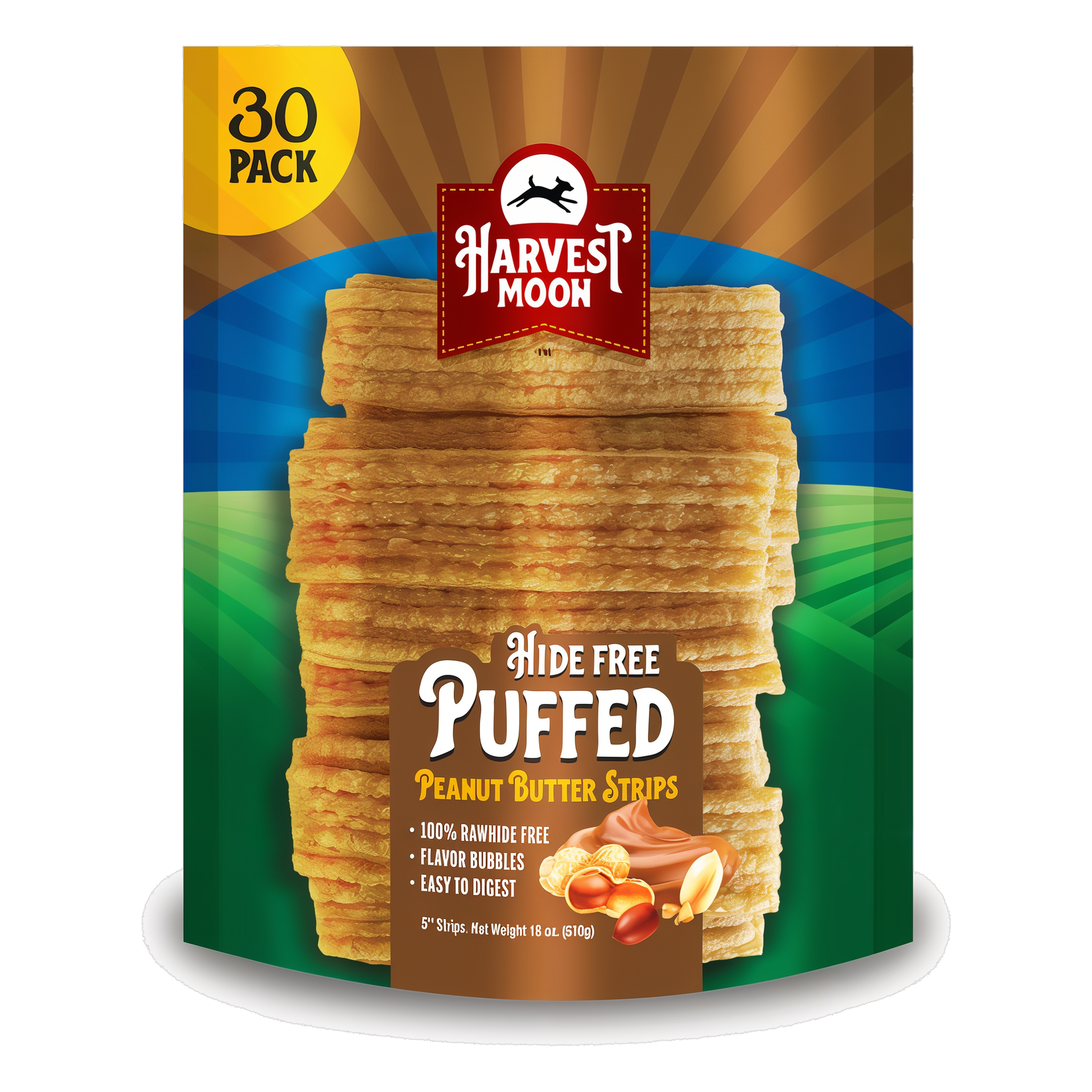 Harvest Moon Hide Free Puffed Peanut Butter Strips 30 Pack bag front with treats