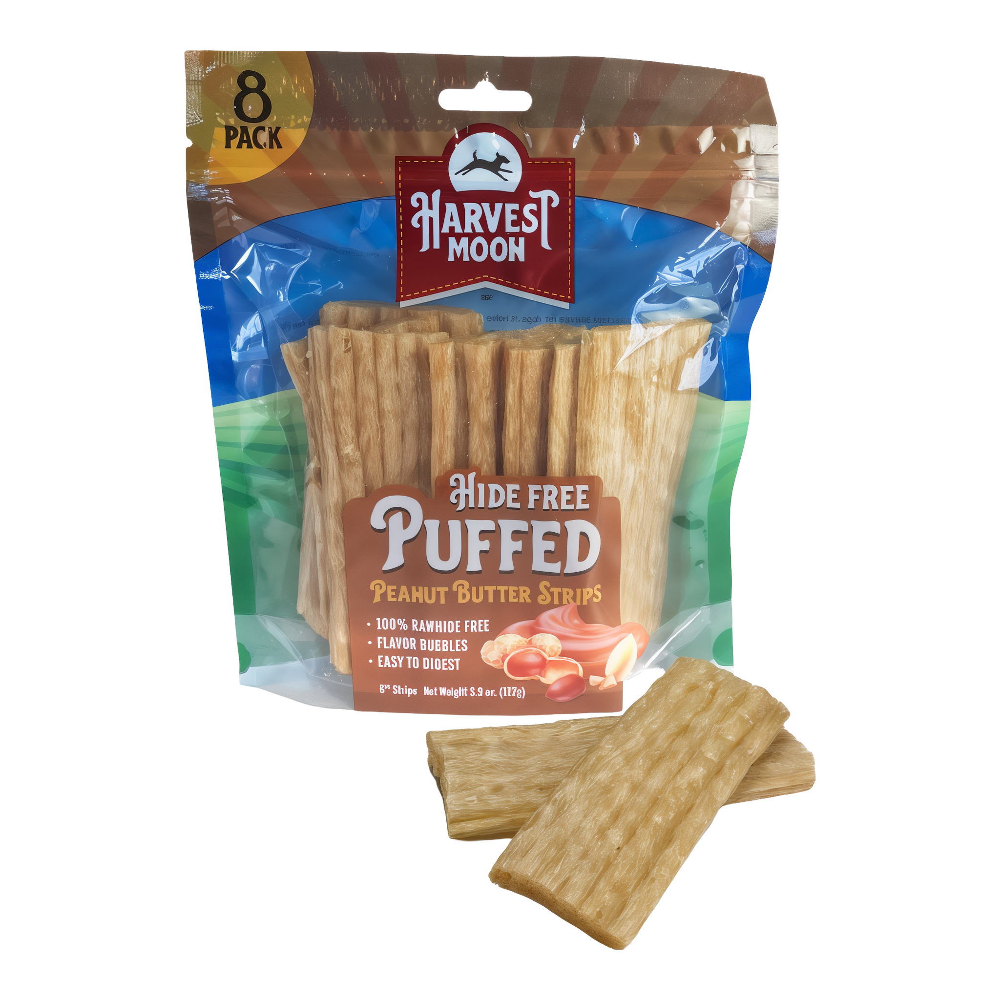 Harvest Moon Hide Free Puffed Peanut Butter Strips 8 Pack bag front with treats