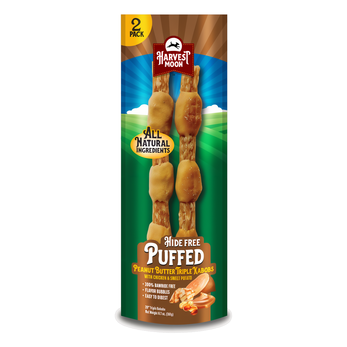 Harvest Moon Hide Free Puffed Peanut Butter Triple Kabobs 2 Pack bag front with treats