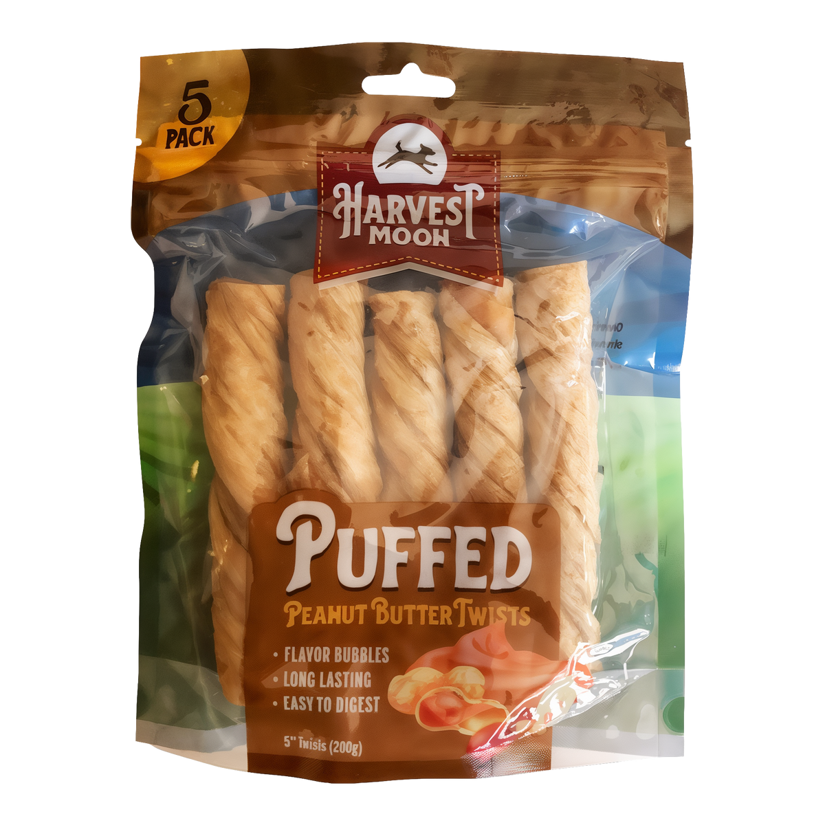 Harvest Moon Hide Free Puffed Peanut Butter Twists 5 Pack bag front