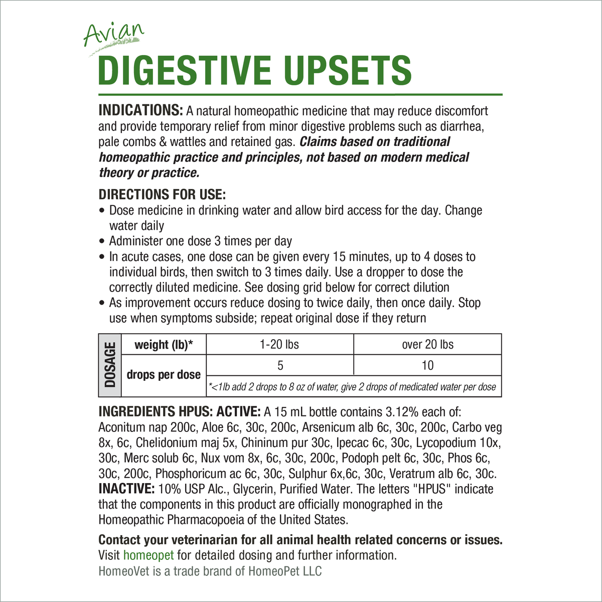 HomeoPet Avian Digestive Upsets product insert with indications, directions, dosage chart and ingredients