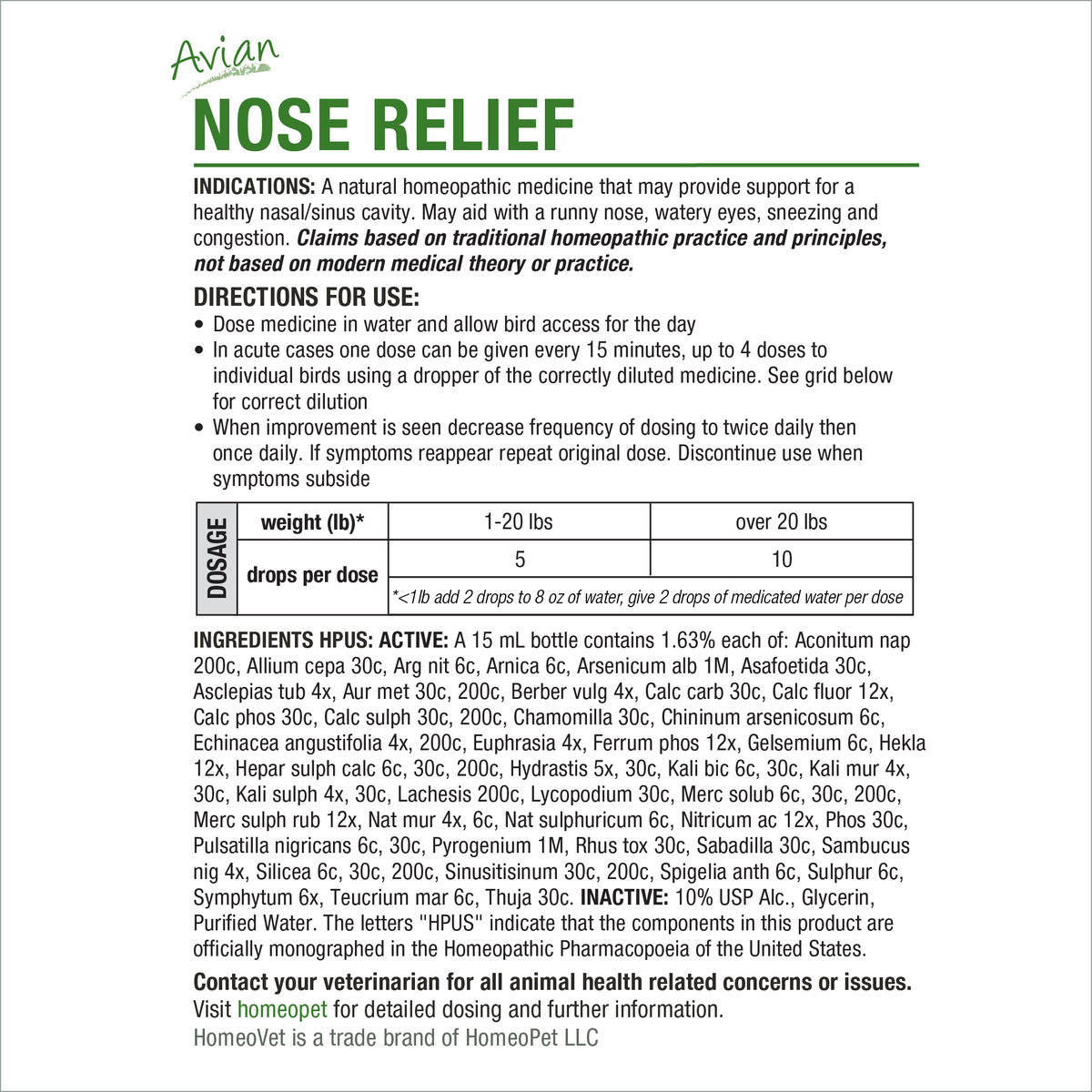 HomeoPet Avian Nose Relief product insert with indications, directions, dosage chart and ingredients