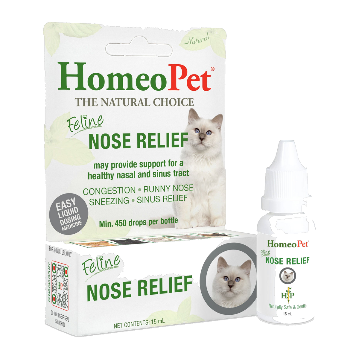 HomeoPet Feline Nose Relief 15 ml natural homeopathic drops, box and dropper bottle