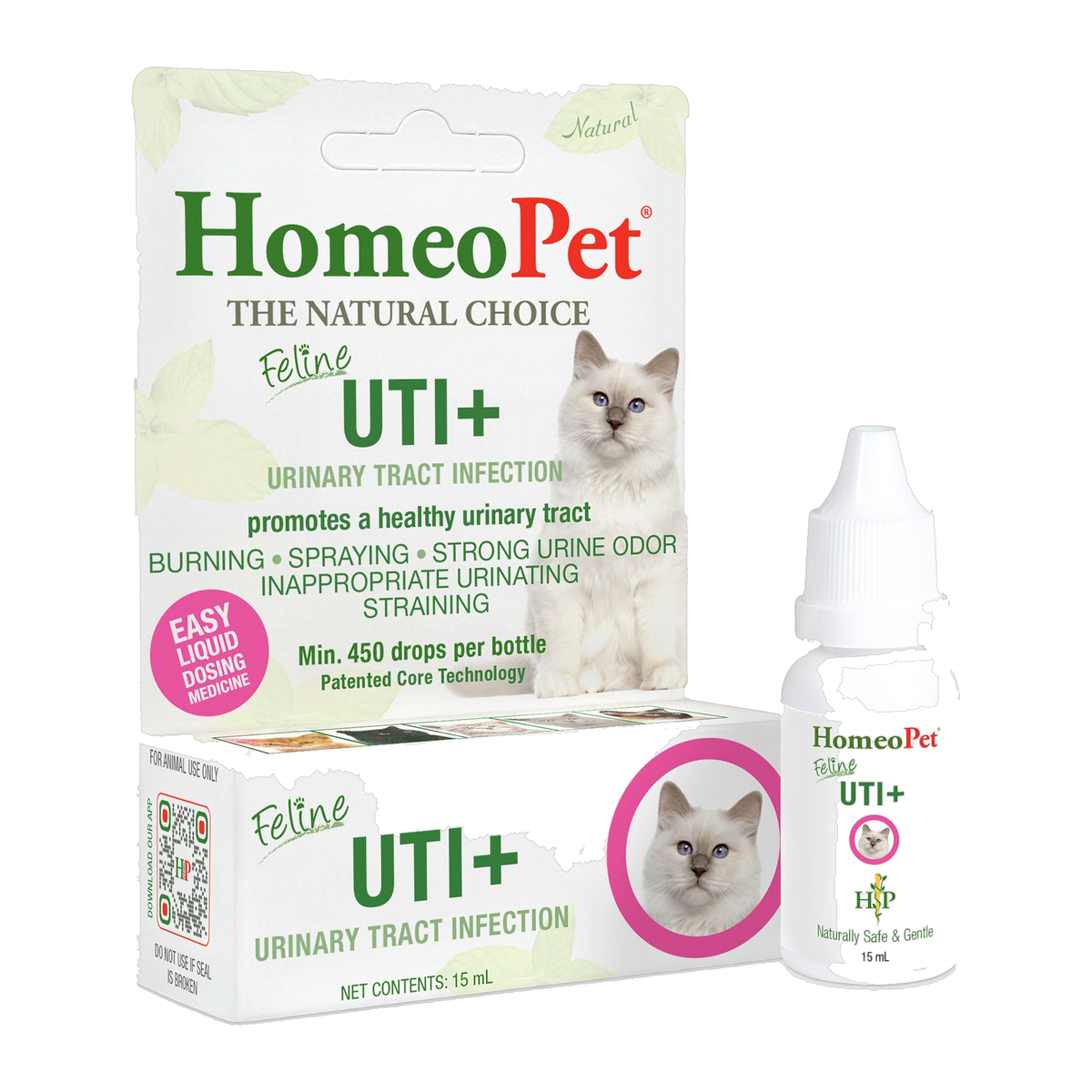 HomeoPet Feline UTI+ 15 ml natural homeopathic drops, box and dropper bottle
