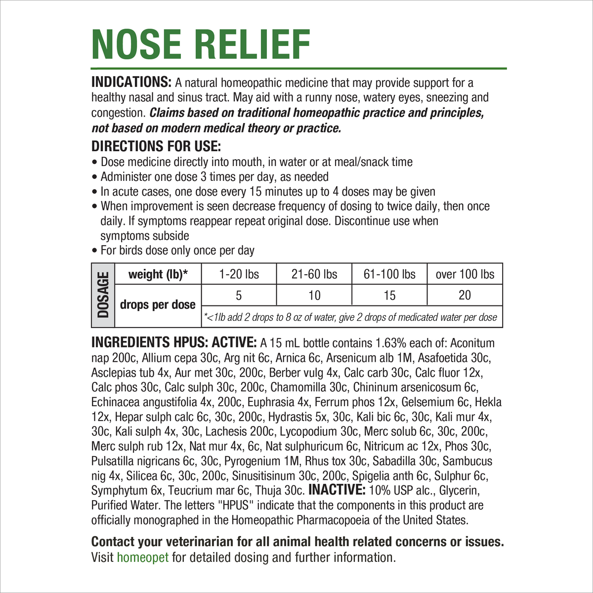 HomeoPet Nose Relief product insert with indications, directions, dosage chart and ingredients