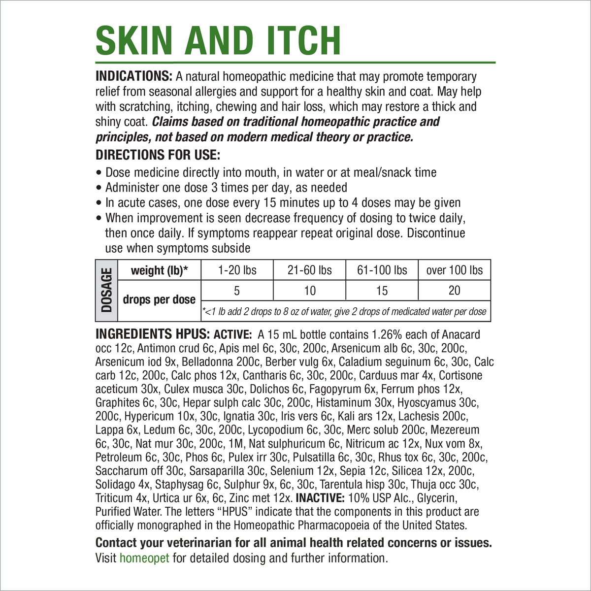 HomeoPet Skin and Itch product insert with indications, directions, dosage chart and ingredients