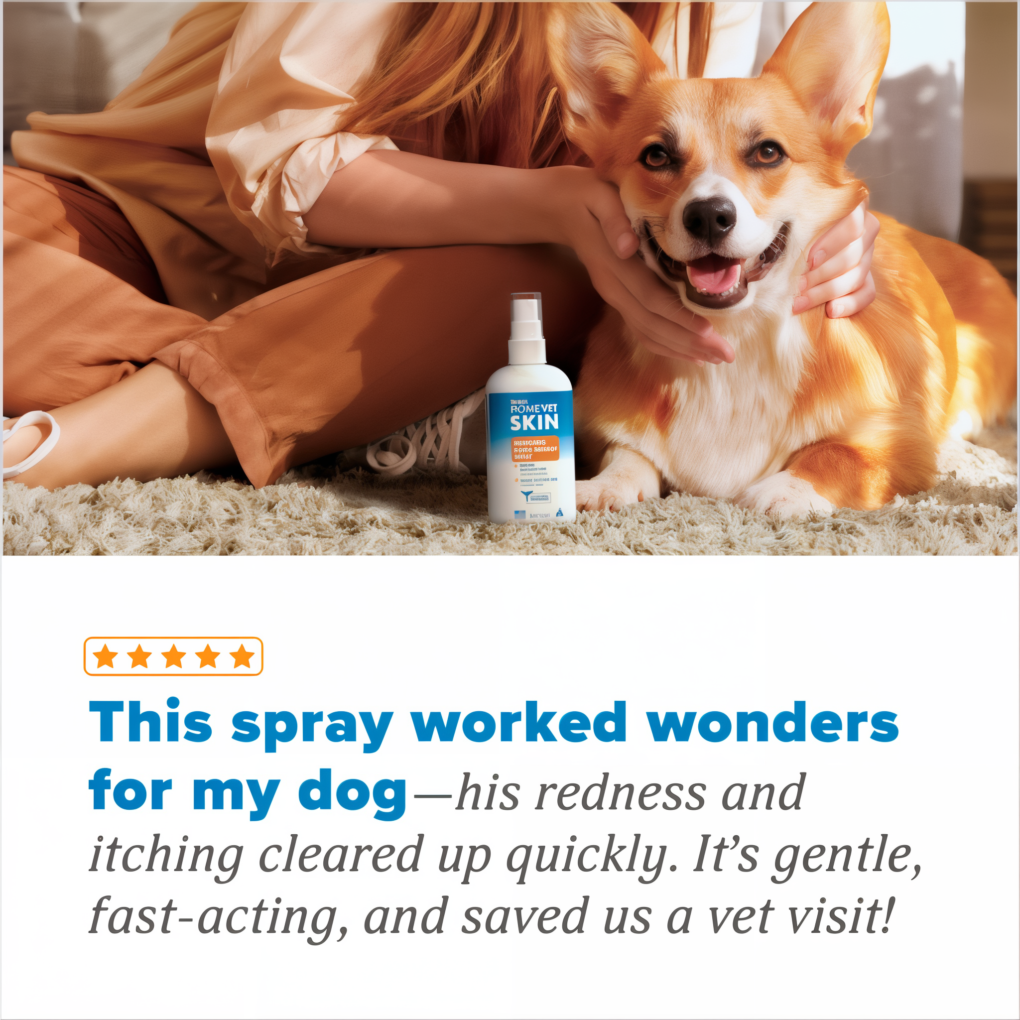 Dog with a bottle of TropiClean HomeVet Medicated Itch & Allergy Pet Spray and a person sitting next to it, with a testimonial about the product's effectiveness.