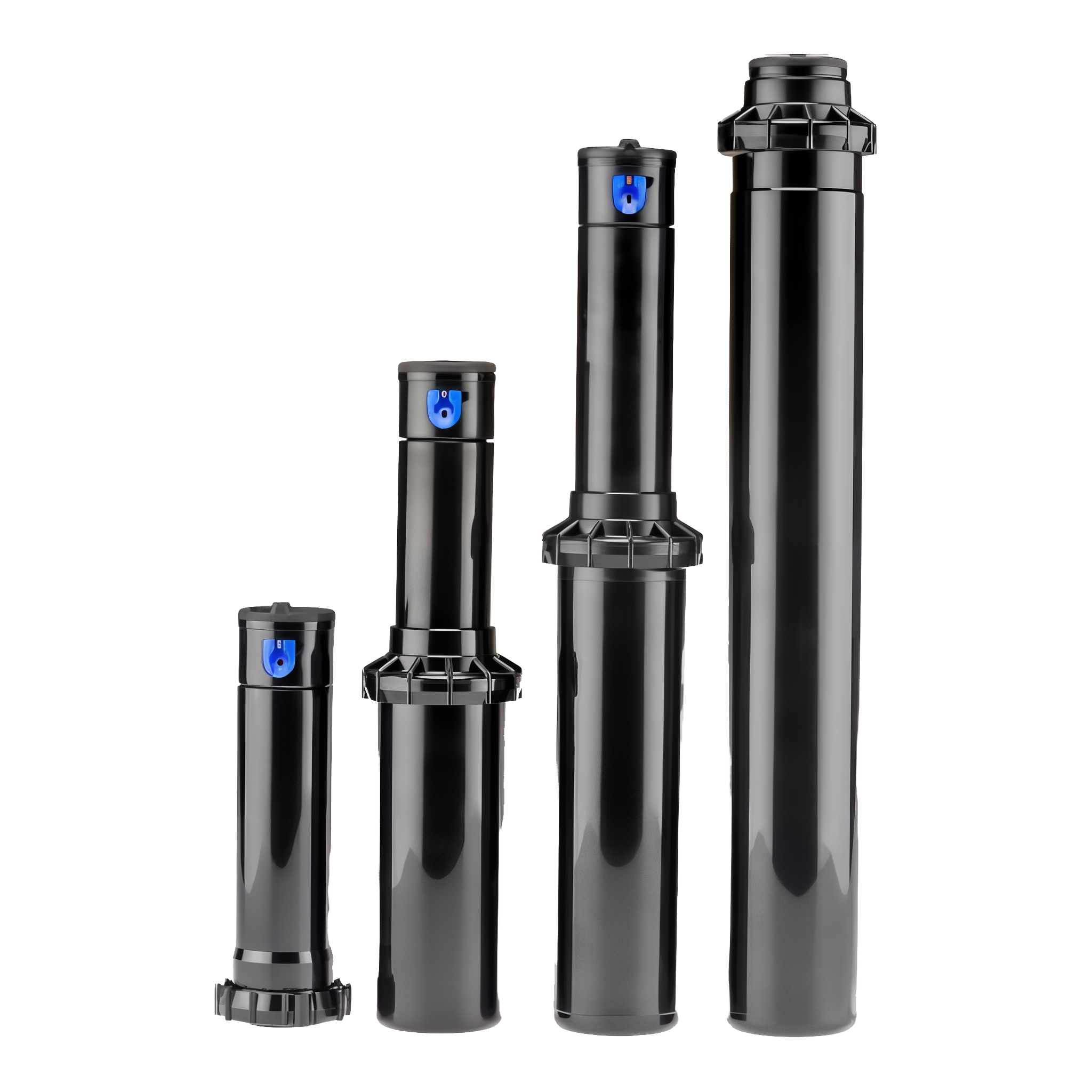Hunter PGP Ultra family lineup on transparent background — PGP-00 shrub, PGP-04 4 in. pop-up, PGP-06 6 in. pop-up, PGP-12 12 in. pop-up (this product is PGP-04, second from left)
