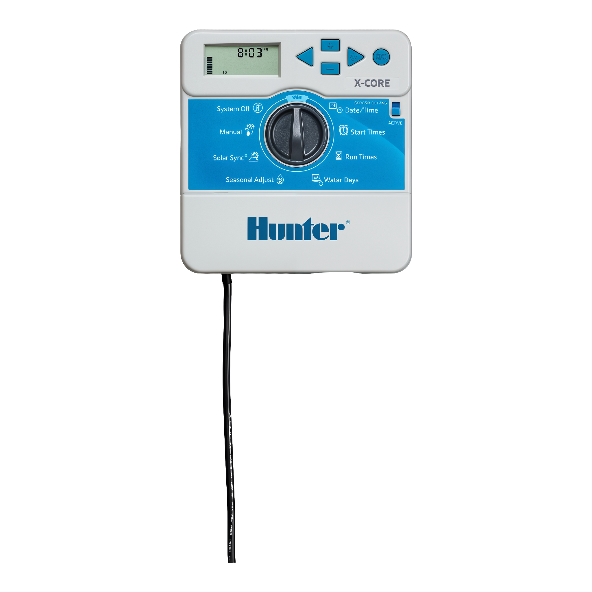 Hunter XC-600i X-Core 6-station indoor irrigation controller front view with dial, LCD display, and programming buttons