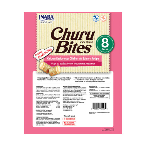 Inaba Churu Bites Chicken Recipe Wraps Chicken with Salmon Recipe Dog Treats back label with ingredients, guaranteed analysis, calorie content, and feeding instructions