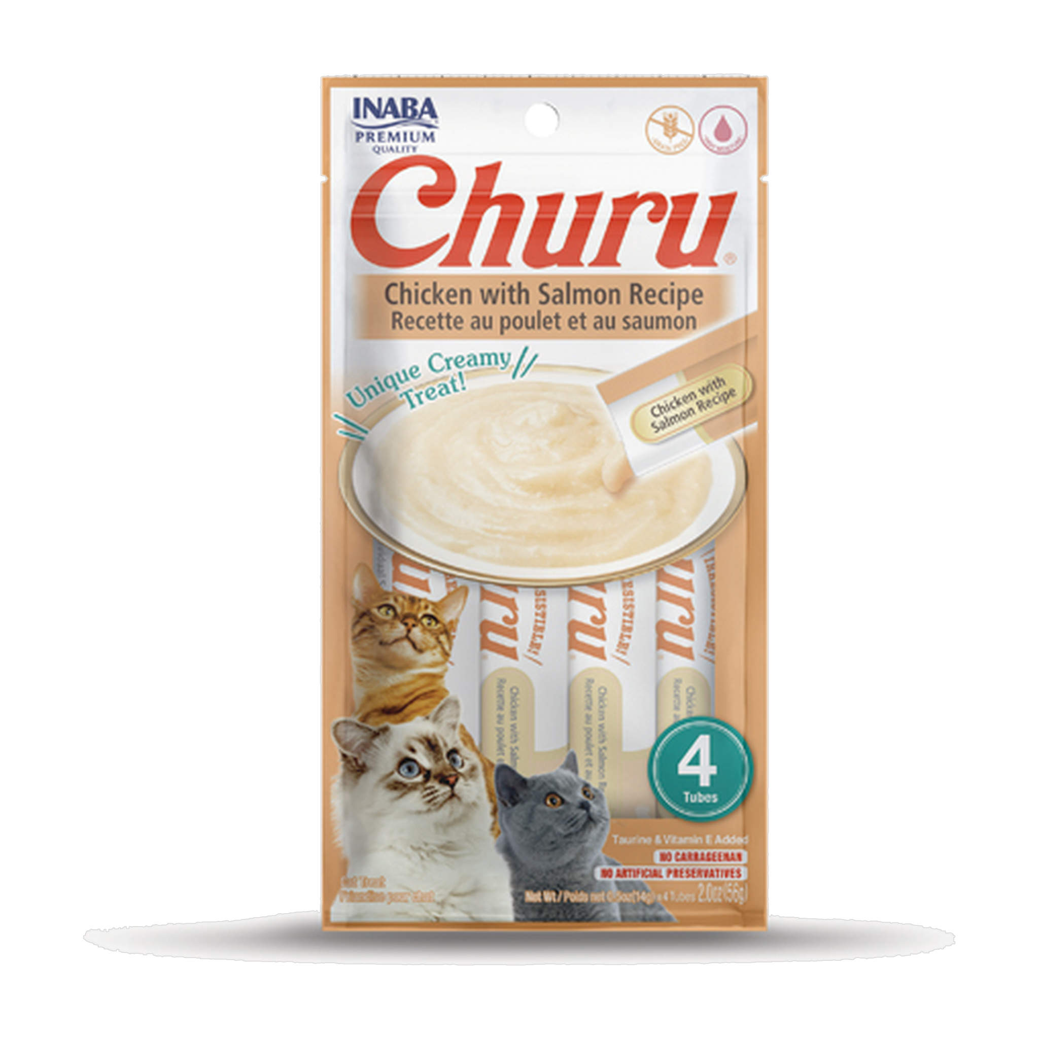 Inaba Churu Chicken with Salmon Recipe lickable cat treats, front of 4-tube pack.