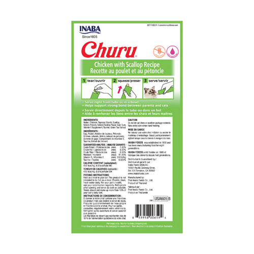 Inaba Churu Chicken with Scallop Recipe Cat Treats back label with ingredients, guaranteed analysis, calorie content, and feeding instructions