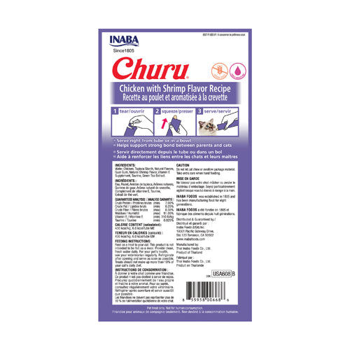 Inaba Churu Chicken with Shrimp Recipe Cat Treats back label with ingredients, guaranteed analysis, calorie content, and feeding instructions