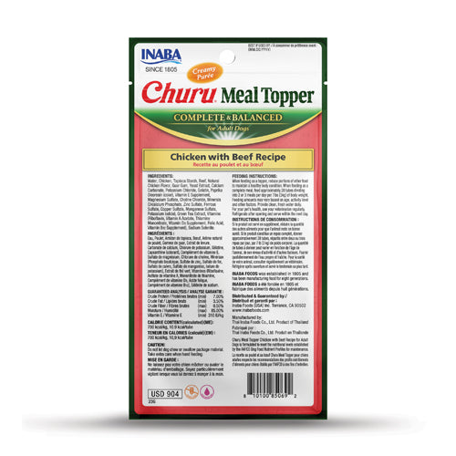 Inaba Churu Meal Topper Chicken with Beef Recipe for Dogs back label with ingredients, guaranteed analysis, calorie content, and feeding instructions