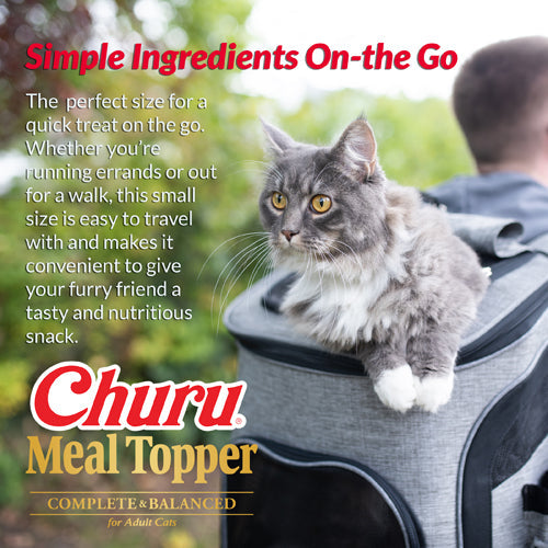 Cat resting on a carrier beside text about simple on-the-go Churu Meal Topper ingredients.