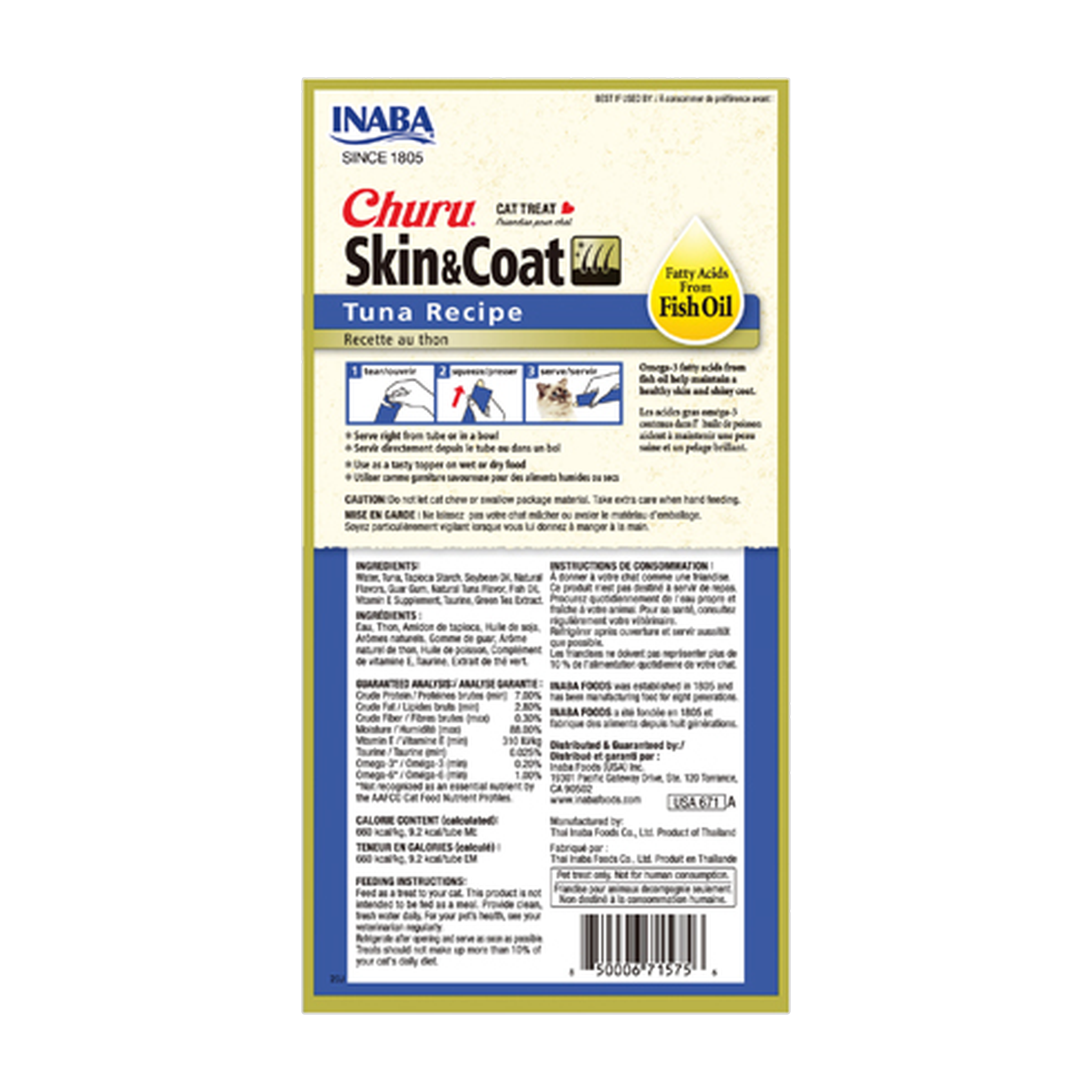 Inaba Churu Skin & Coat Tuna back label with ingredients and guaranteed analysis.