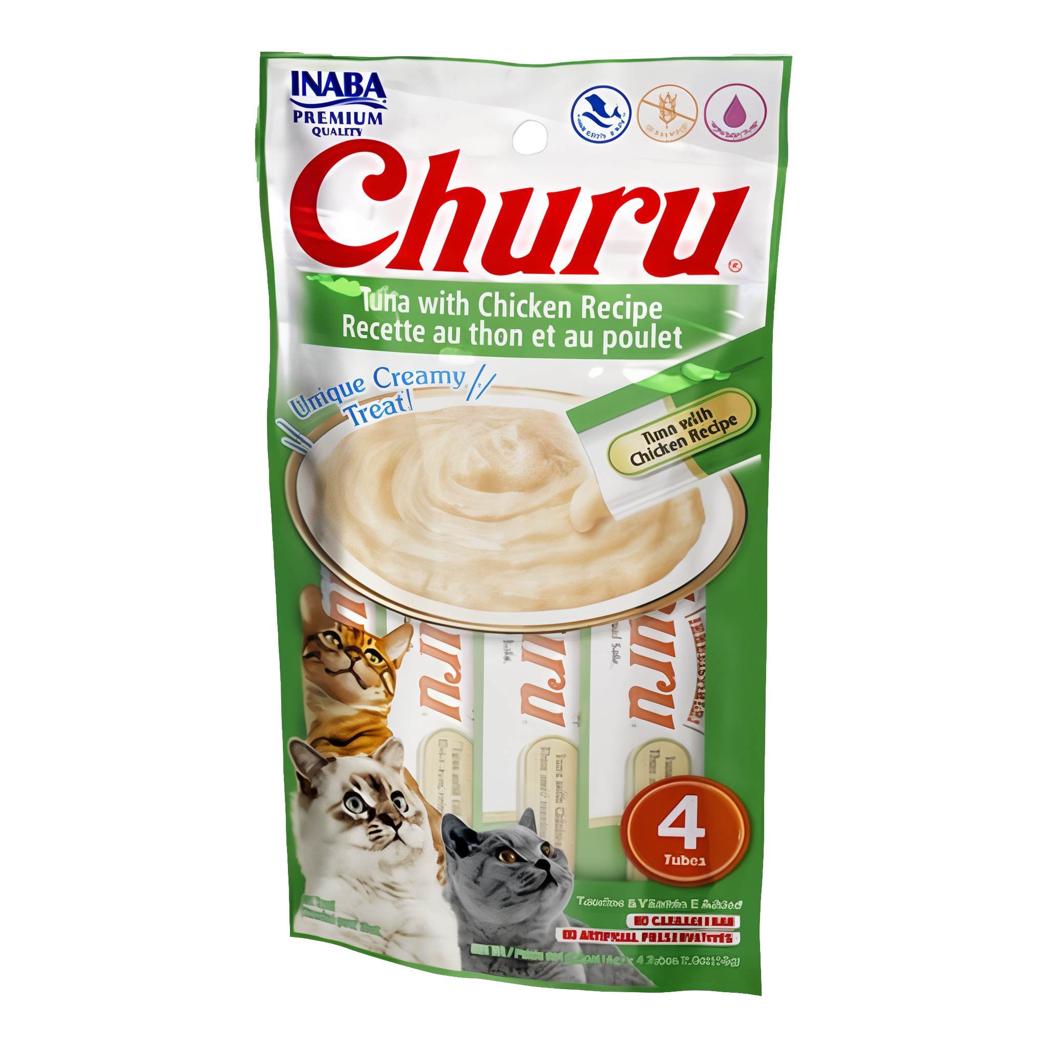 Inaba Churu Cat Treats: Grain-free tuna with chicken creamy purée, 4 tubes. #Tuna with Chicken#4 Tubes