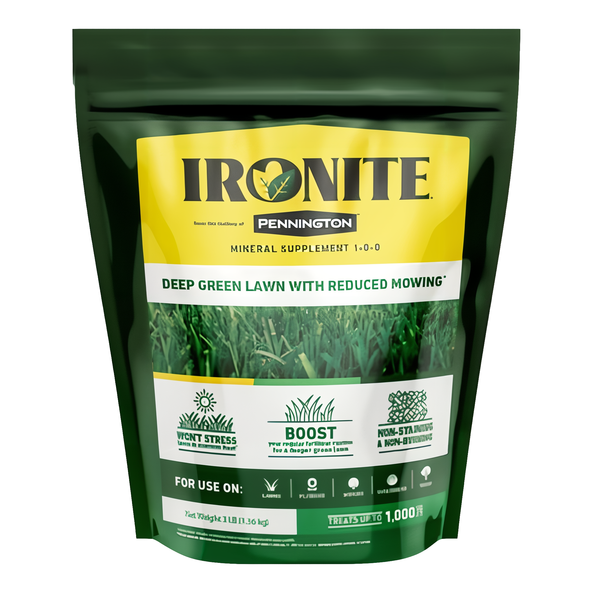 Ironite Mineral Supplement 1-0-0 by Pennington 3 lb pouch, iron-rich granular lawn supplement for deep green color with reduced mowing, non-staining and non-burning, treats up to 1,000 sq ft