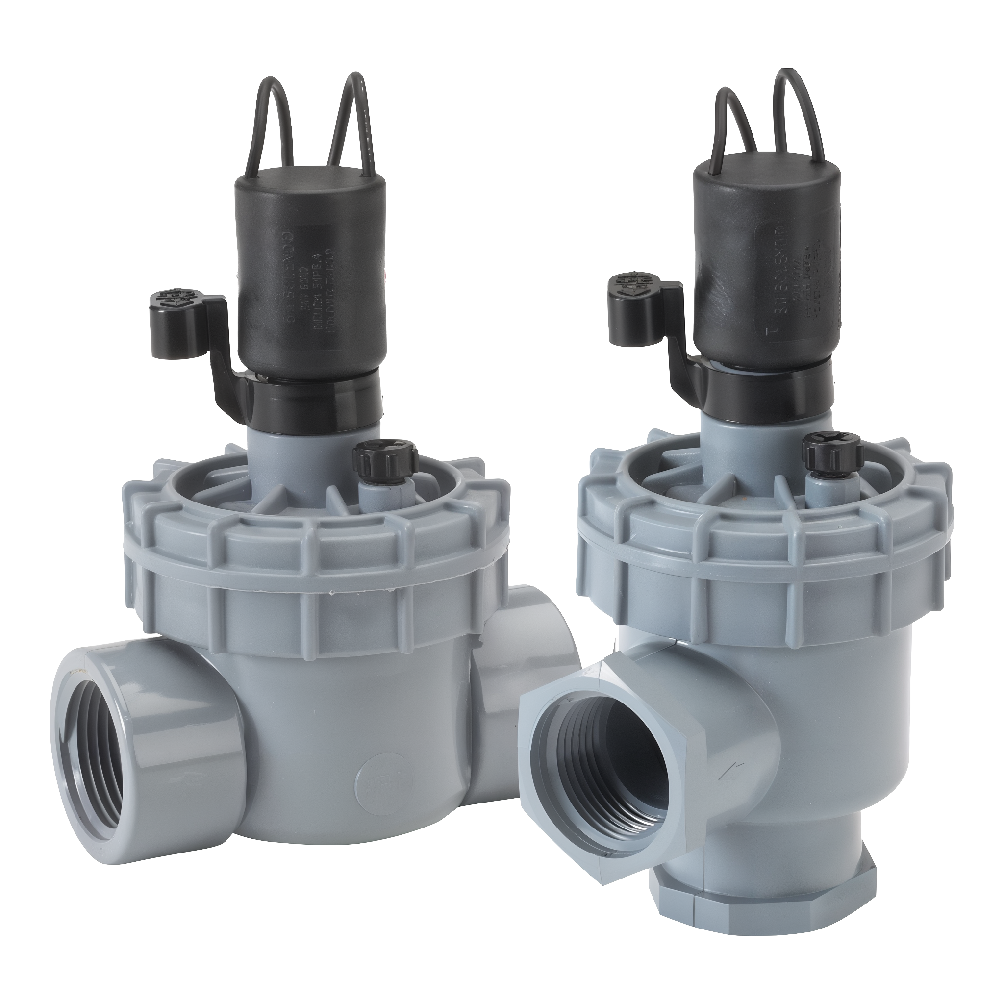 Irritrol 2400 Series 1 in. solenoid irrigation valve and 2600 Series angle valve on transparent background — shown with NPT inlets; the 2400S model has identical internals with 1 in. slip-socket inlets for solvent-weld PVC
