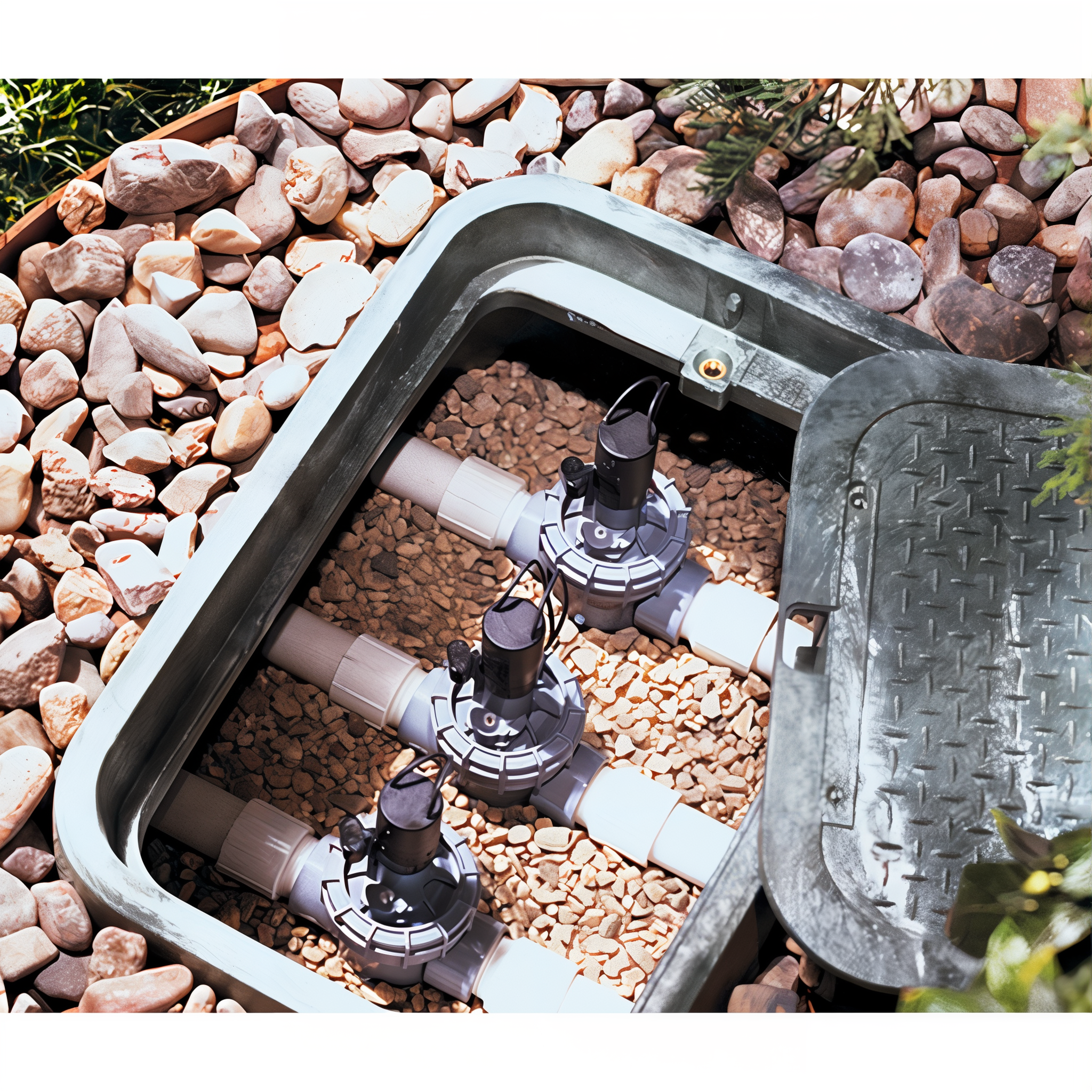 Irritrol 2400 Series solenoid irrigation valves installed in an in-ground valve box on gravel