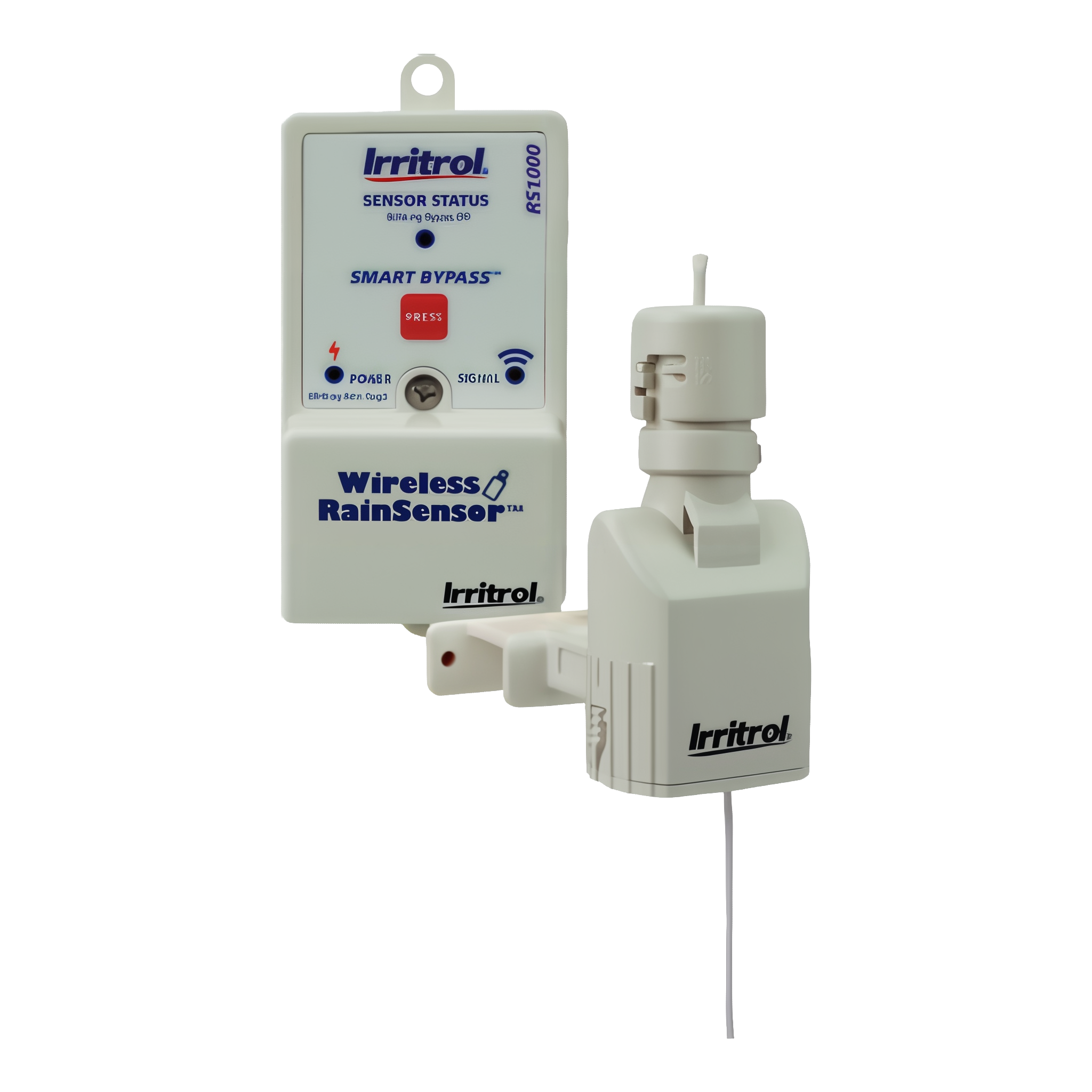 Irritrol RS1000 wireless rain sensor — receiver and transmitter pair on transparent background
