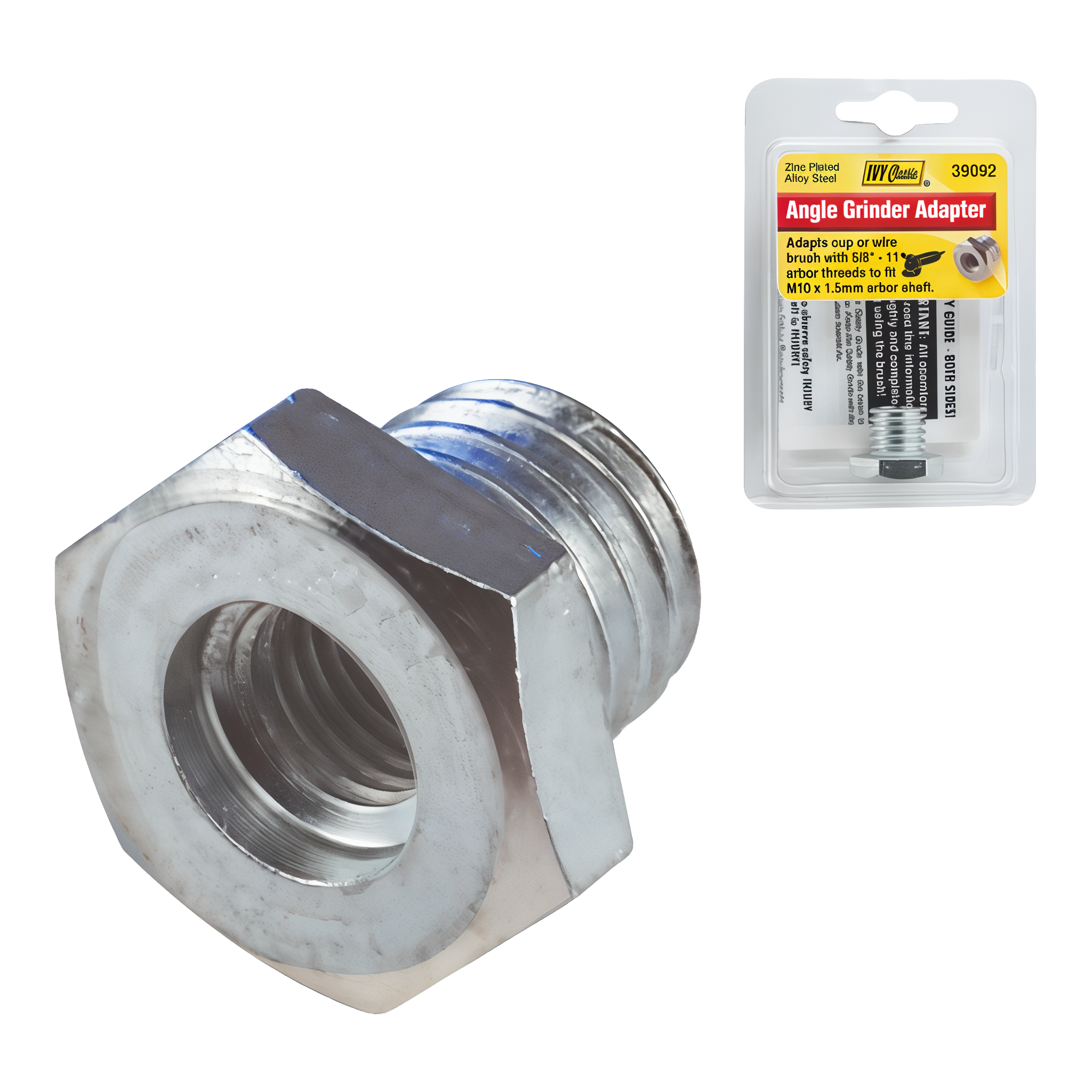 Ivy Classic 39092 angle grinder adapter zinc-plated alloy steel hex profile with 5/8 inch 11 UNC female bore and M10x1.5mm male shank, retail clamshell card showing IVY Classic Angle Grinder Adapter label and safety guide