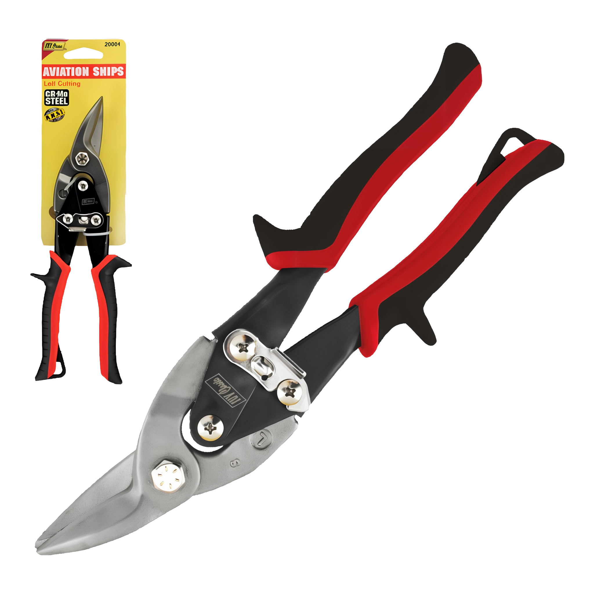 Ivy Classic 10 inch left cutting aviation snips with red color-coded ergonomic handles compound leverage Cr-Mo steel jaws offset for left curves model 20004
