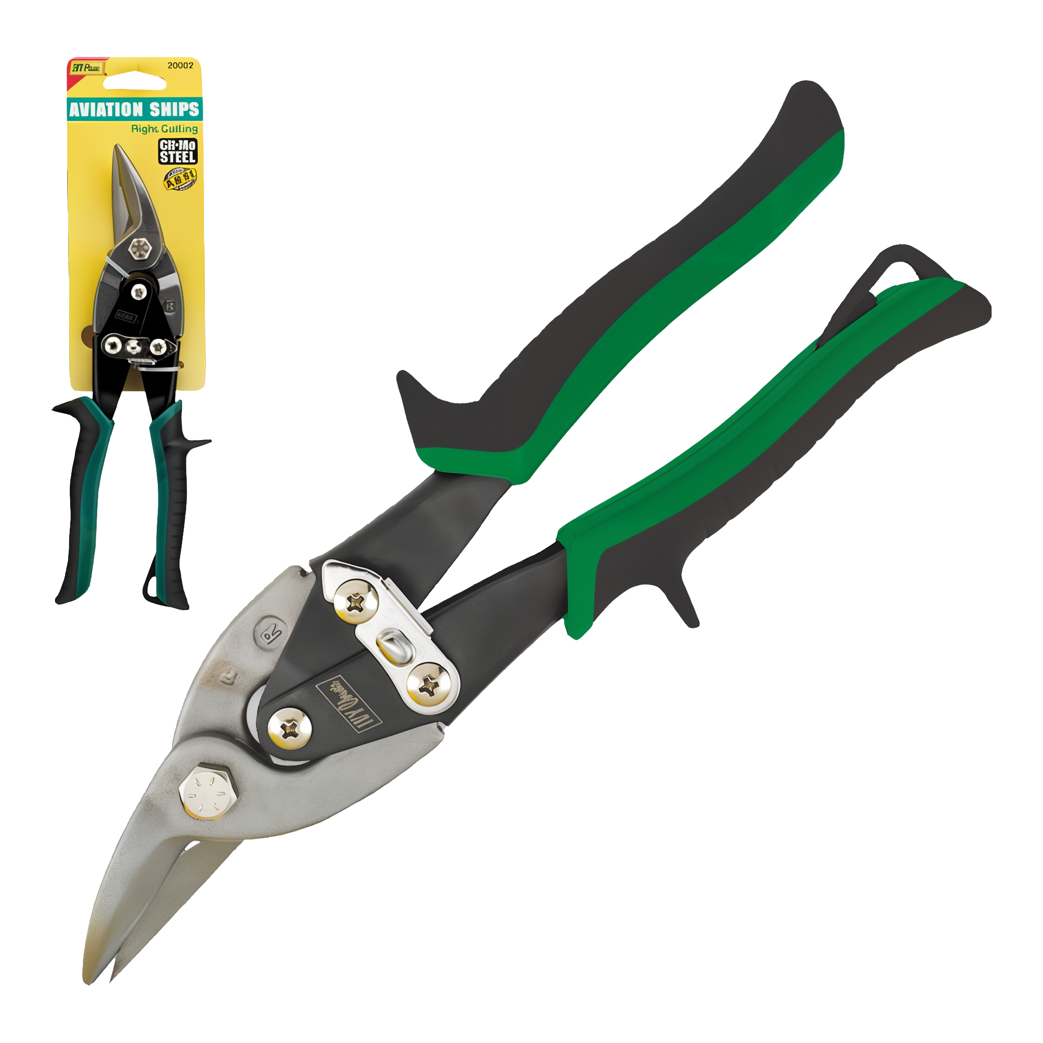 Ivy Classic 10 inch right cutting aviation snips with green color-coded ergonomic handles compound leverage Cr-Mo steel jaws offset for right curves model 20002