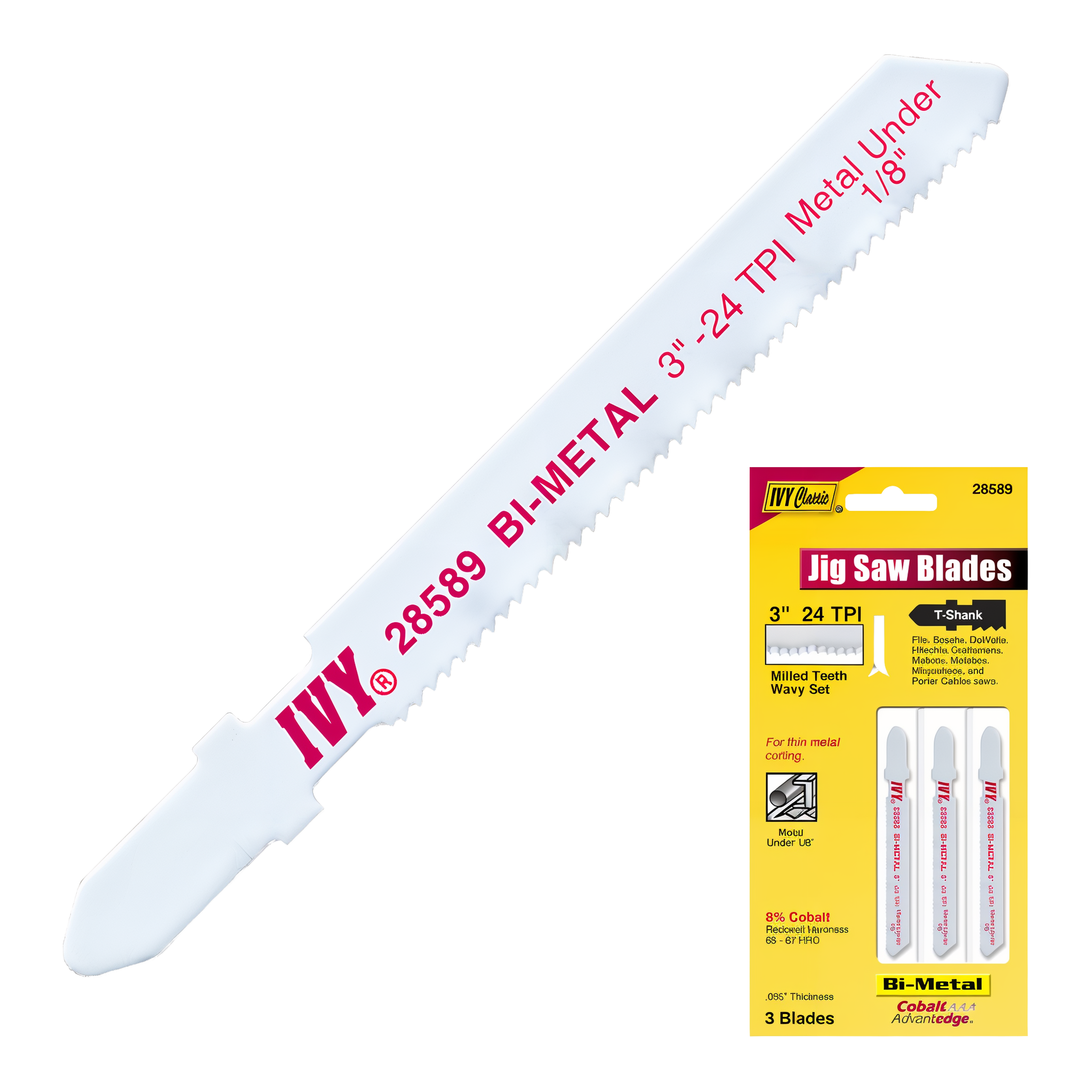 Ivy Classic 28589 bi-metal jigsaw blade in 3 inch 24 TPI for thin metal under 1/8 inch with T-shank, retail 3-pack card showing IVY Classic Jig Saw Blades label, 8% cobalt, .035 thickness, fits Bosch DeWalt Hitachi Craftsman Makita Metabo Milwaukee Porter Cable