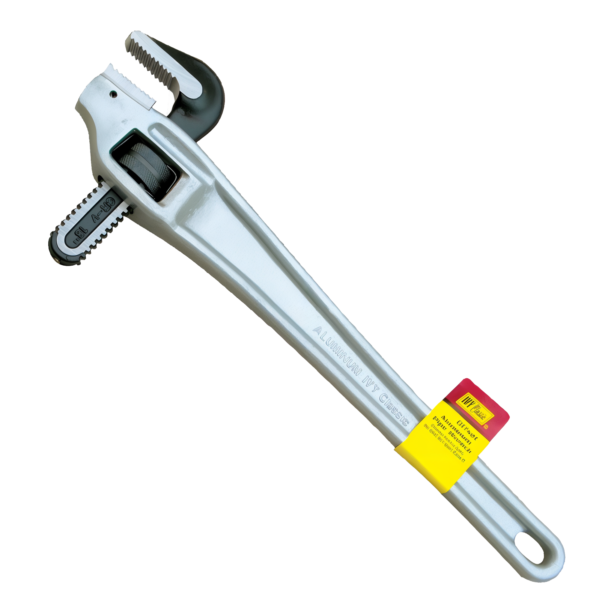 Ivy Classic 18 inch offset aluminum pipe wrench with angled jaw head drop-forged grey body chrome molybdenum jaws IVY Classic Aluminum Offset Pipe Wrench hangtag