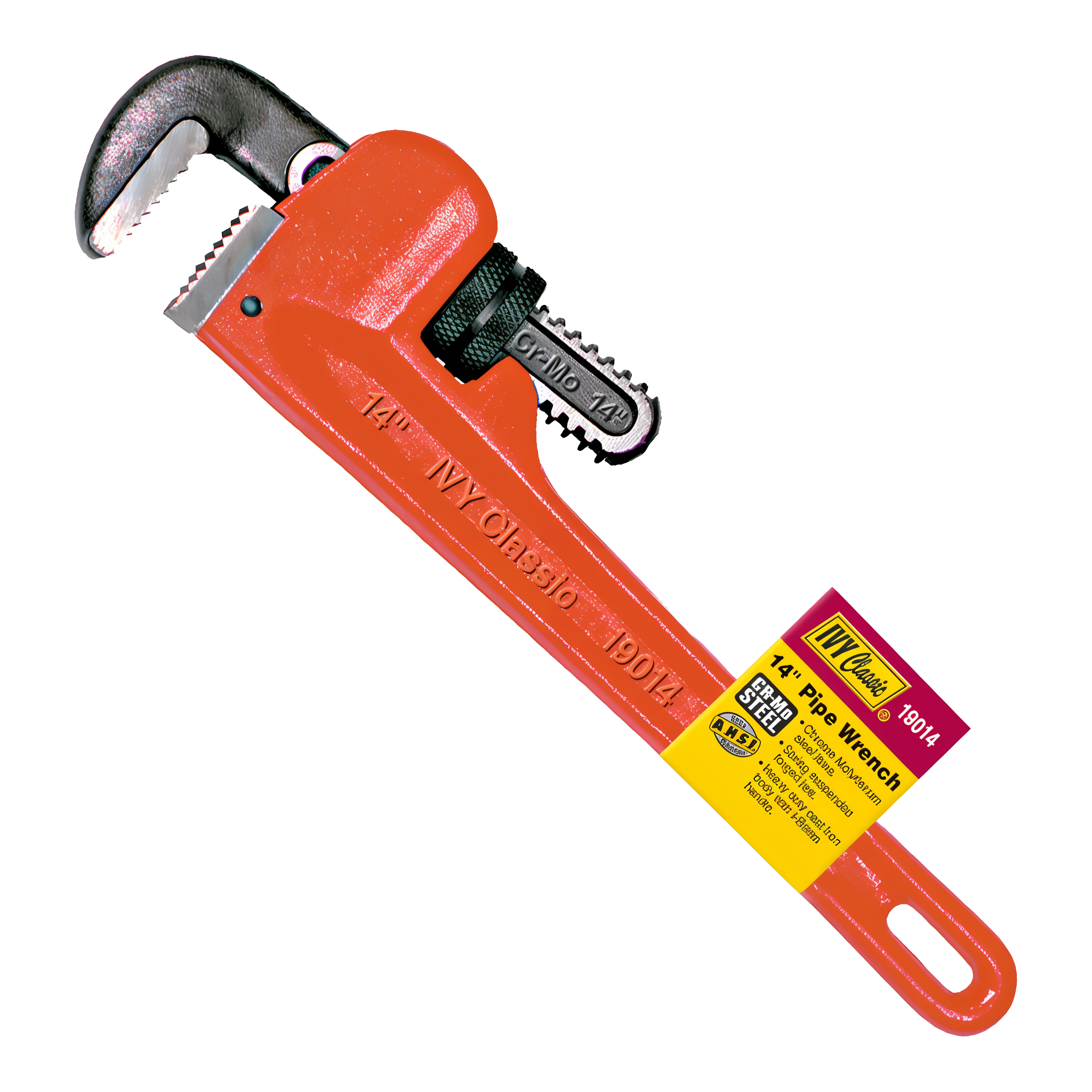 Ivy Classic 14 inch steel pipe wrench in red enamel cast-iron body with chrome molybdenum jaws and IVY Classic hangtag showing model 19014