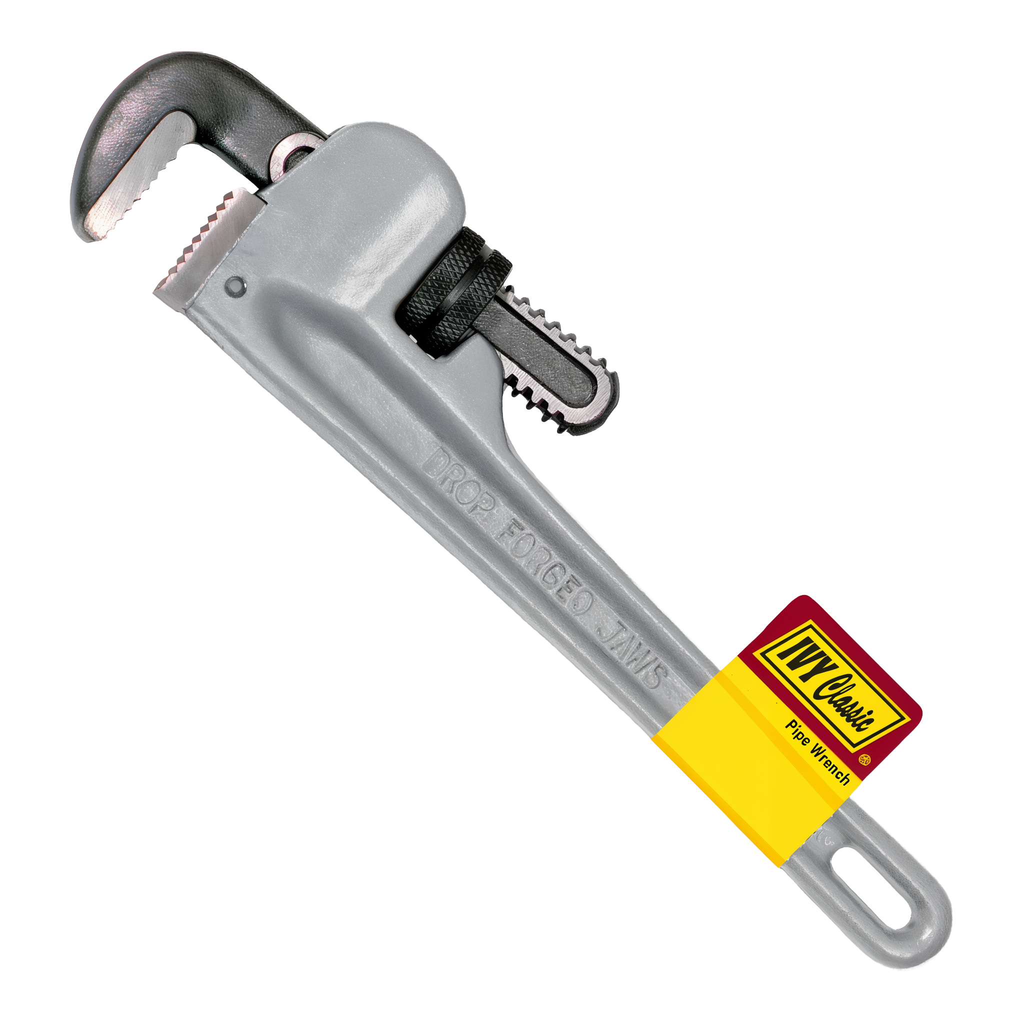Ivy Classic 24 inch aluminum pipe wrench drop-forged grey body with chrome molybdenum jaws, IVY Classic hangtag, embossed DROP FORGED JAWS marking