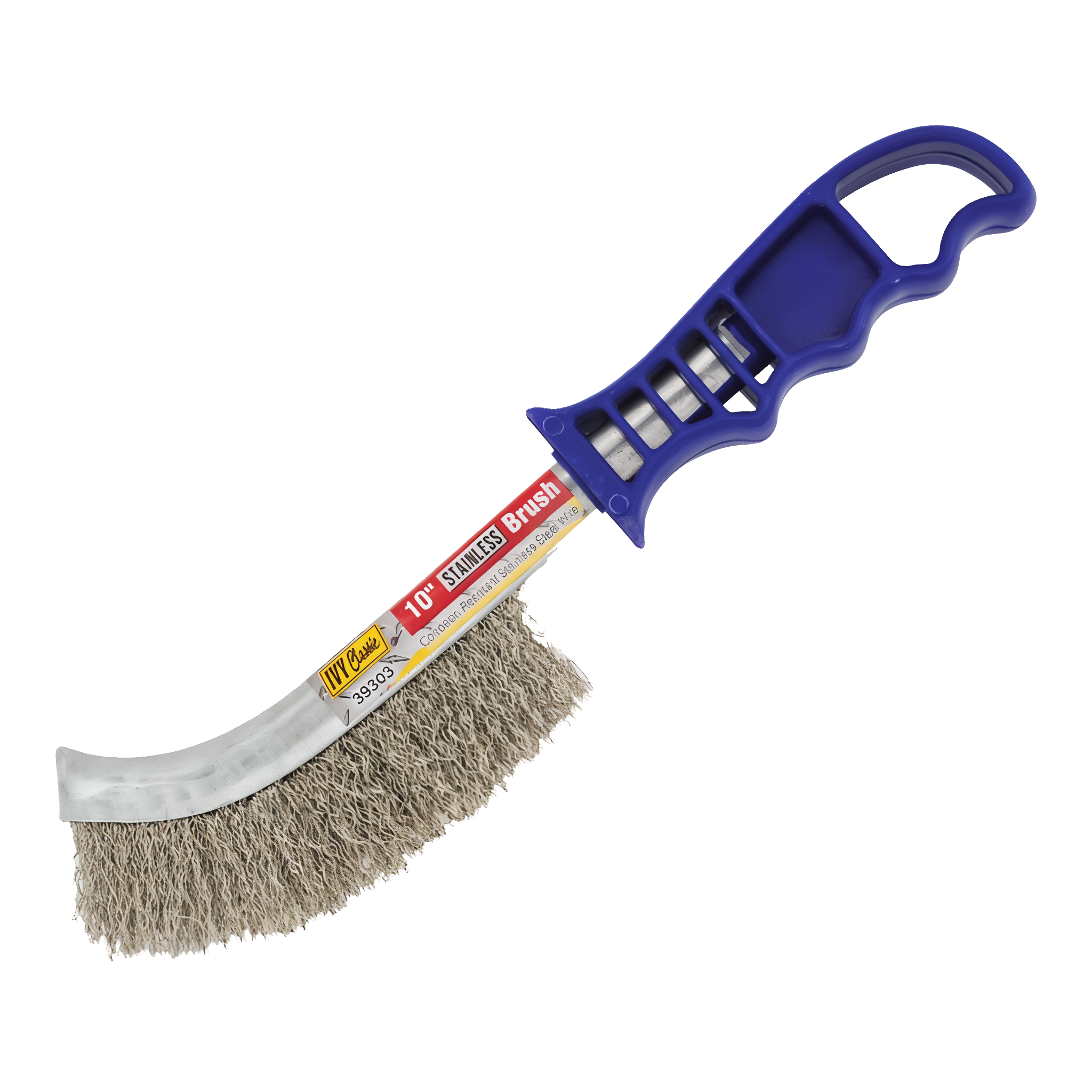 Ivy Classic 10 inch stainless steel scratch brush with crimped coarse 0.012 inch stainless wire bristles, blue plastic pistol-grip handle with hang hole, zinc ferrule with IVY Classic 39303 STAINLESS Brush corrosion-resistant label