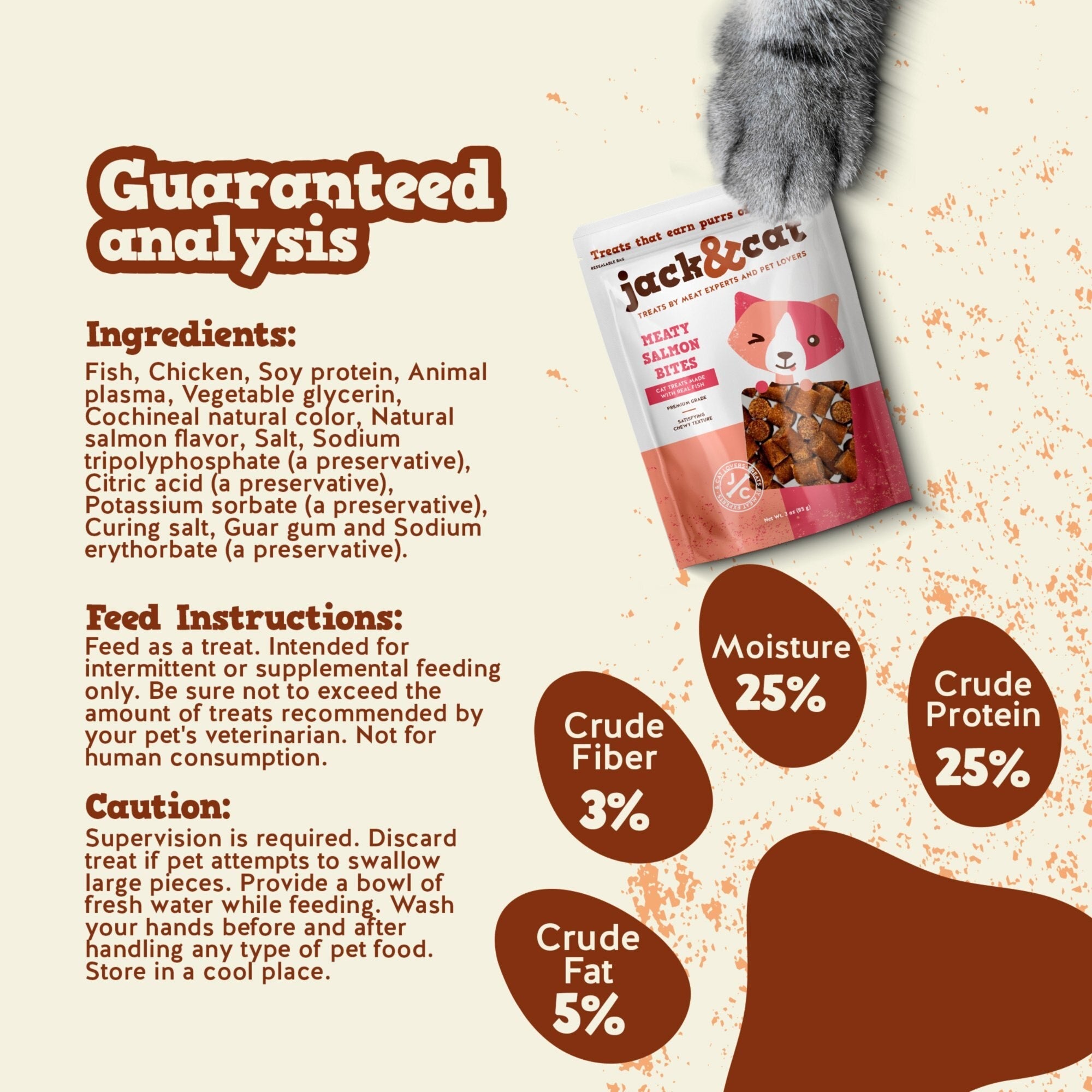 Guaranteed analysis, ingredients and feeding instructions for Meaty Salmon Bites