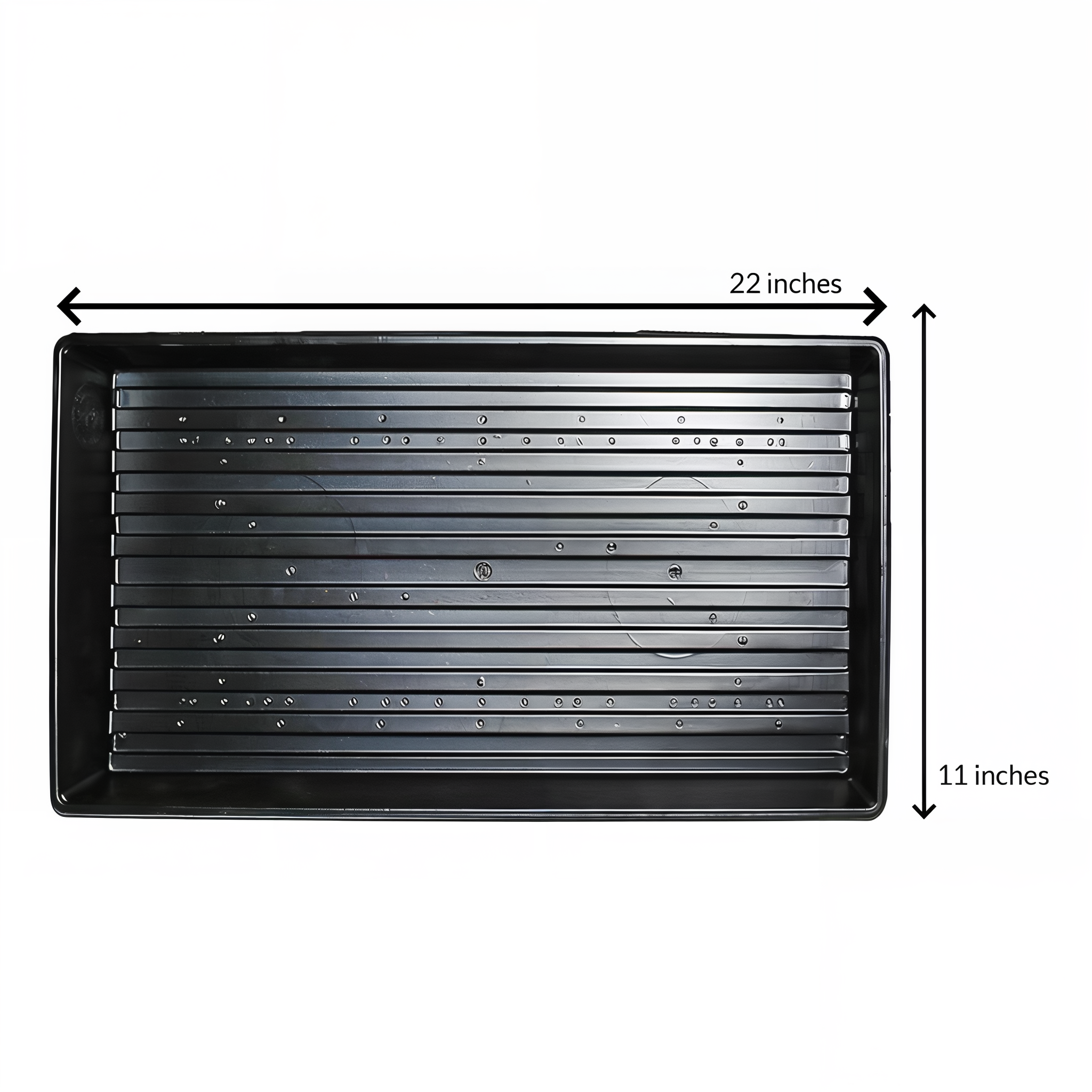 Jiffy Plant Tray dimensions diagram — top-down view of the black 1020 tray with measurement callouts showing 22 inches long by 11 inches wide
