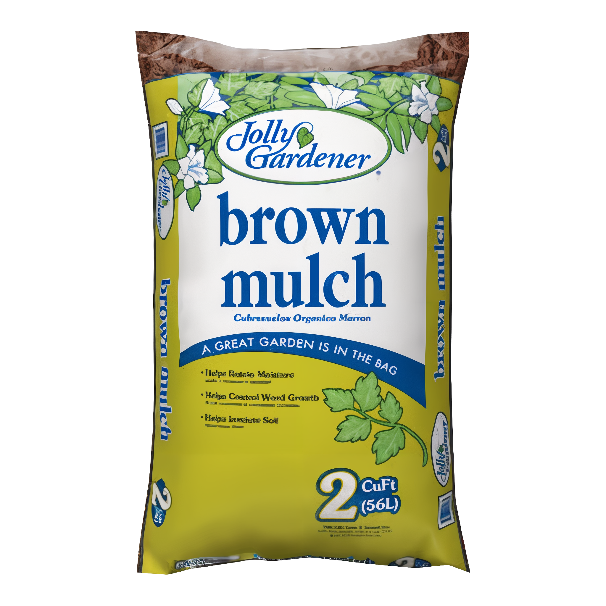 Jolly Gardener brown dyed mulch in a 2 cubic foot bag, rich dark brown shredded wood mulch for garden beds and landscaping