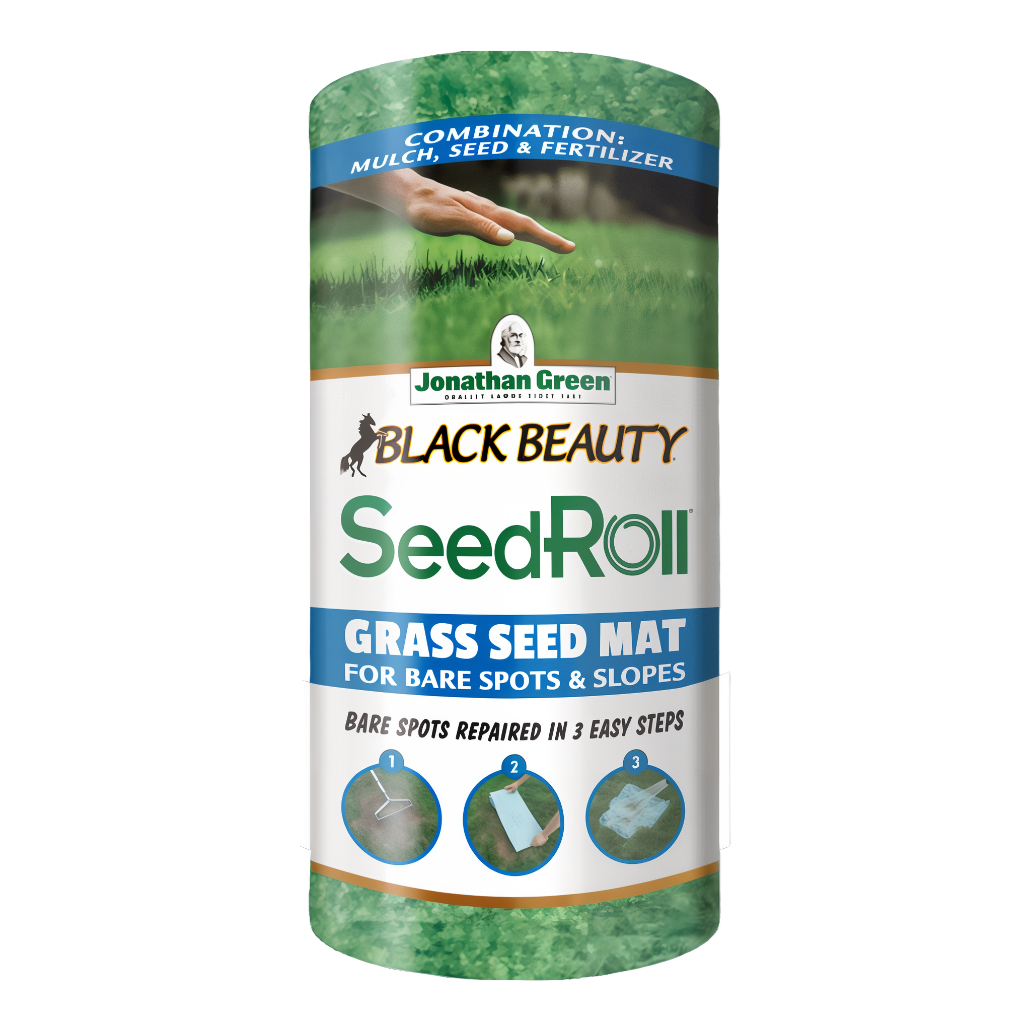 Jonathan Green Black Beauty Biodegradable Grass Seed Roll front of package, all-in-one seed mat with Black Beauty Ultra grass seed, starter fertilizer, and biodegradable fabric, covers 50 square feet