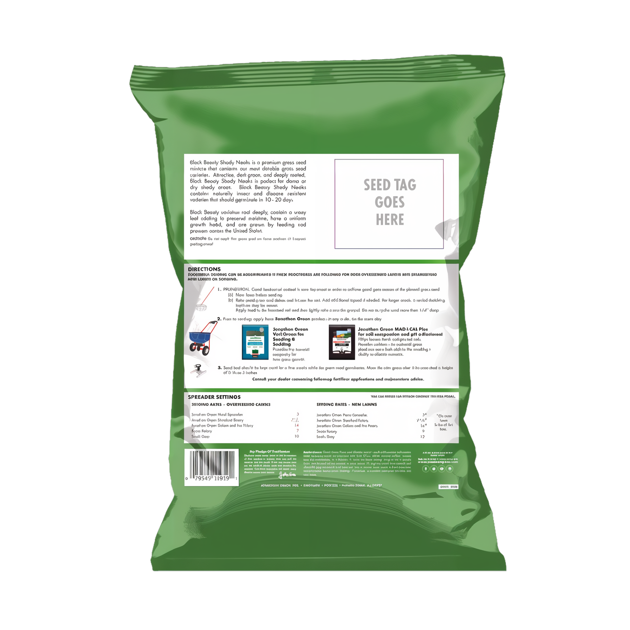 Back label of Jonathan Green Black Beauty Shady Nooks Grass Seed showing seed mixture composition, coverage rates, planting directions, and germination information