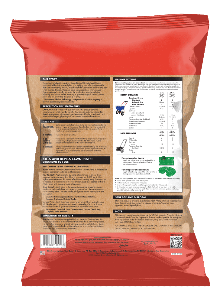 Back of Jonathan Green Natural Grub & Insect Control 10 lb bag showing application instructions, active ingredients list, coverage chart, and safety information per the EPA 25(b) minimum-risk pesticide label