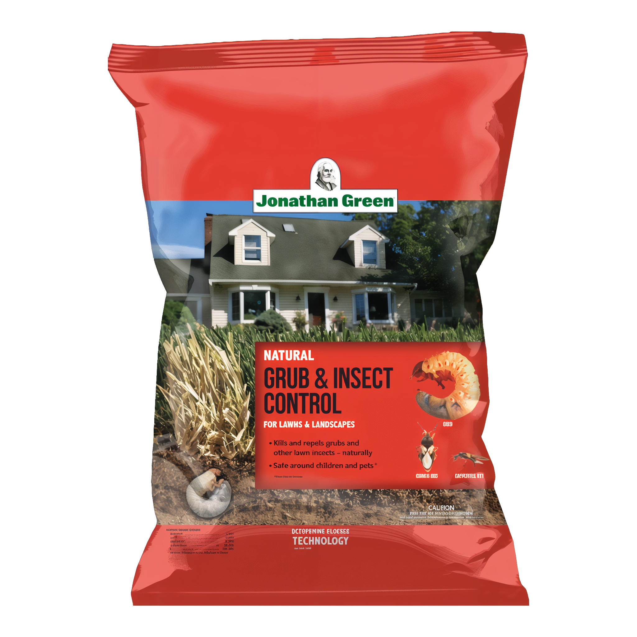 Jonathan Green Natural Grub & Insect Control 10 lb red bag, kills and repels grubs and other lawn insects naturally, safe around children and pets, octopamine blocker technology, for lawns and landscapes, with house and beetle larva imagery on label