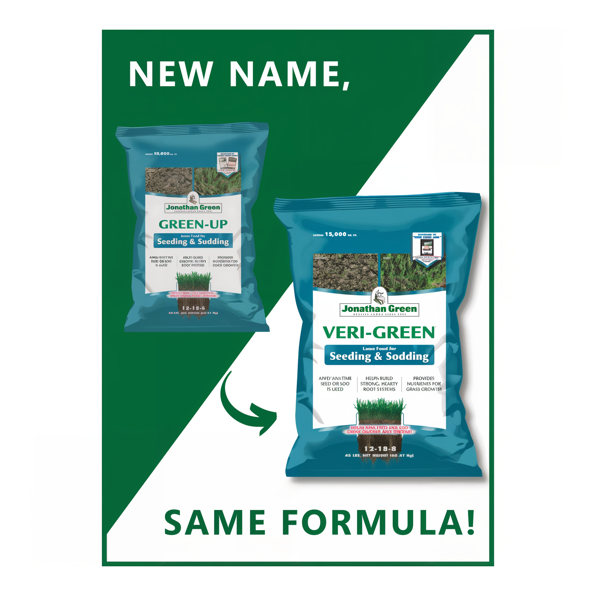 Jonathan Green Green-Up Seeding & Sodding is now Veri-Green Starter Fertilizer for Seeding & Sodding, new name same 12-18-8 formula