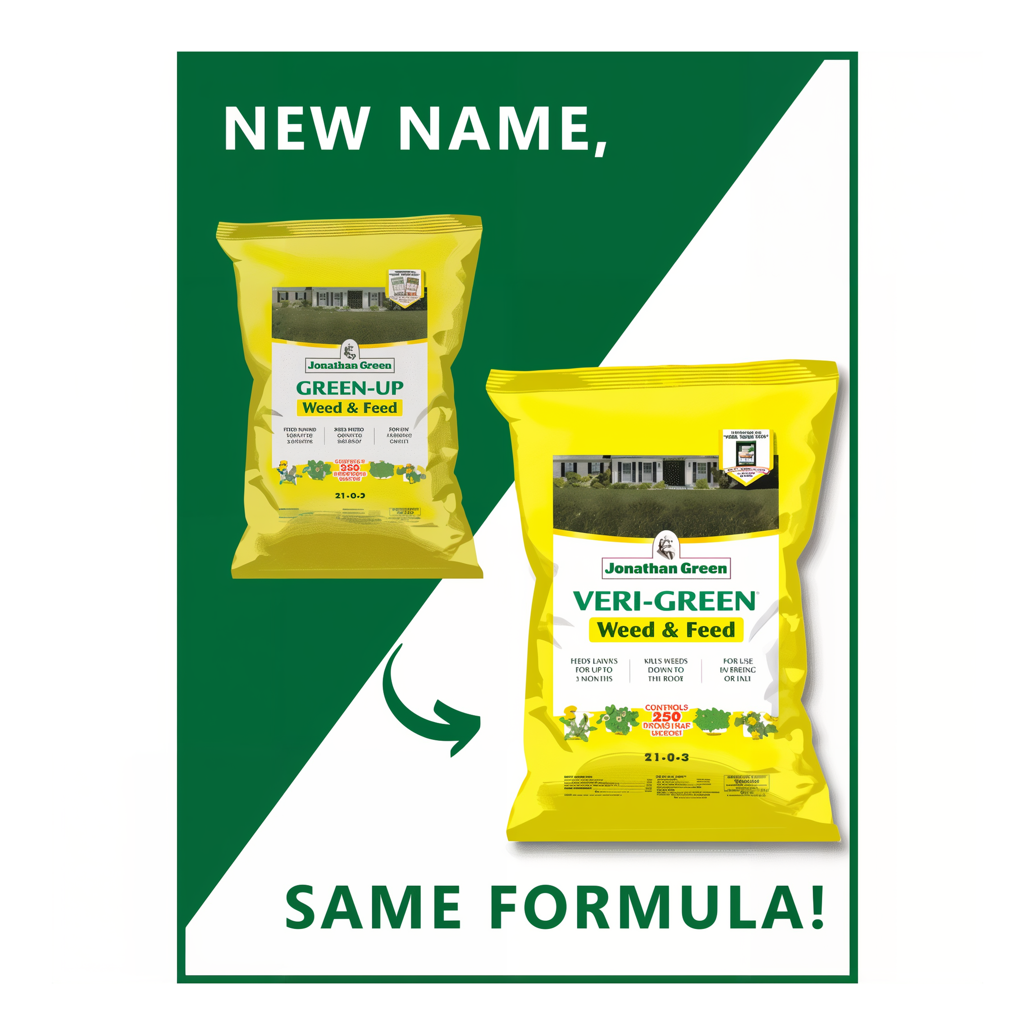 Jonathan Green GREEN-UP Weed & Feed is now Veri-Green Weed & Feed Lawn Fertilizer, new name same 21-0-3 formula