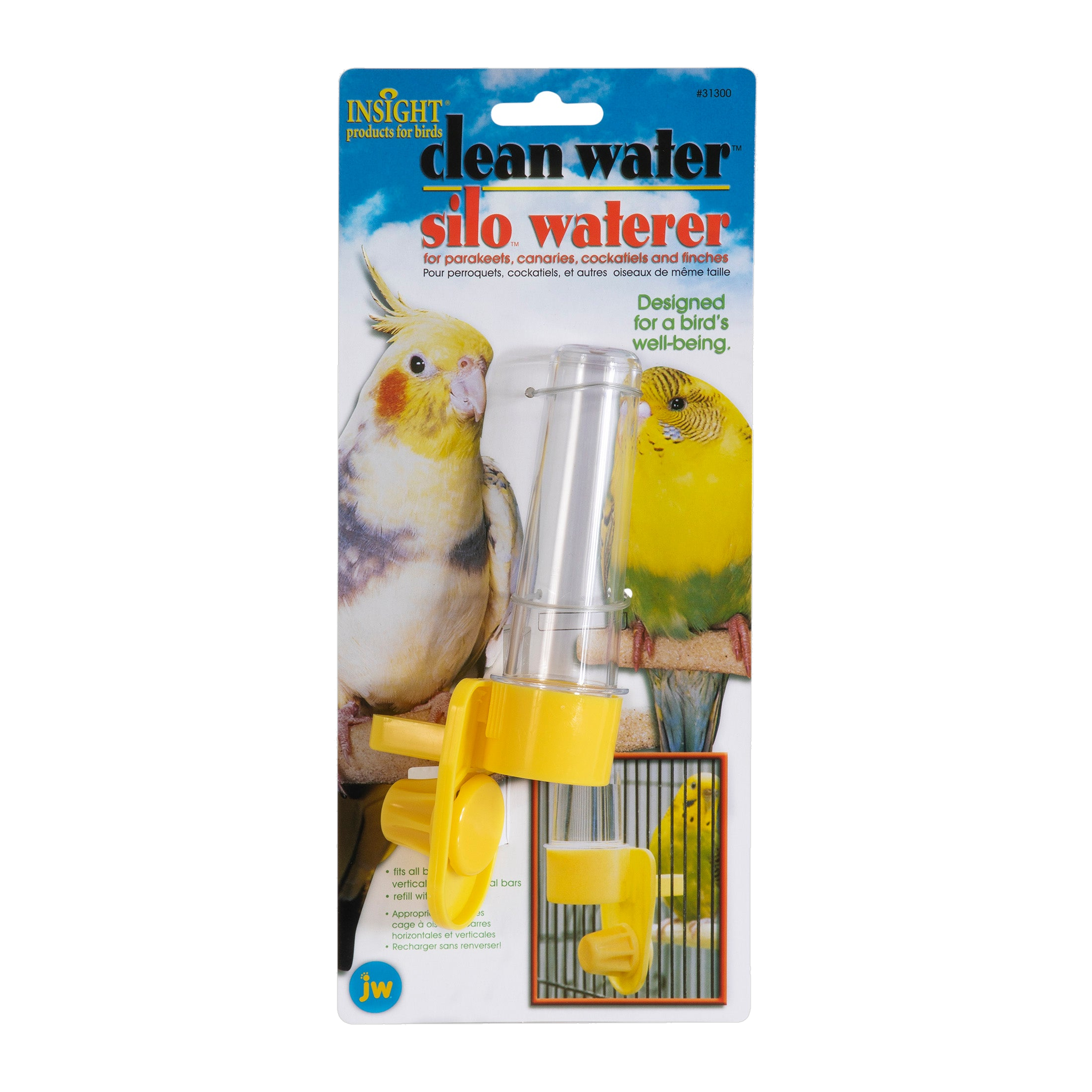 JW Clean Water Silo Bird Waterer Small in retail packaging, yellow